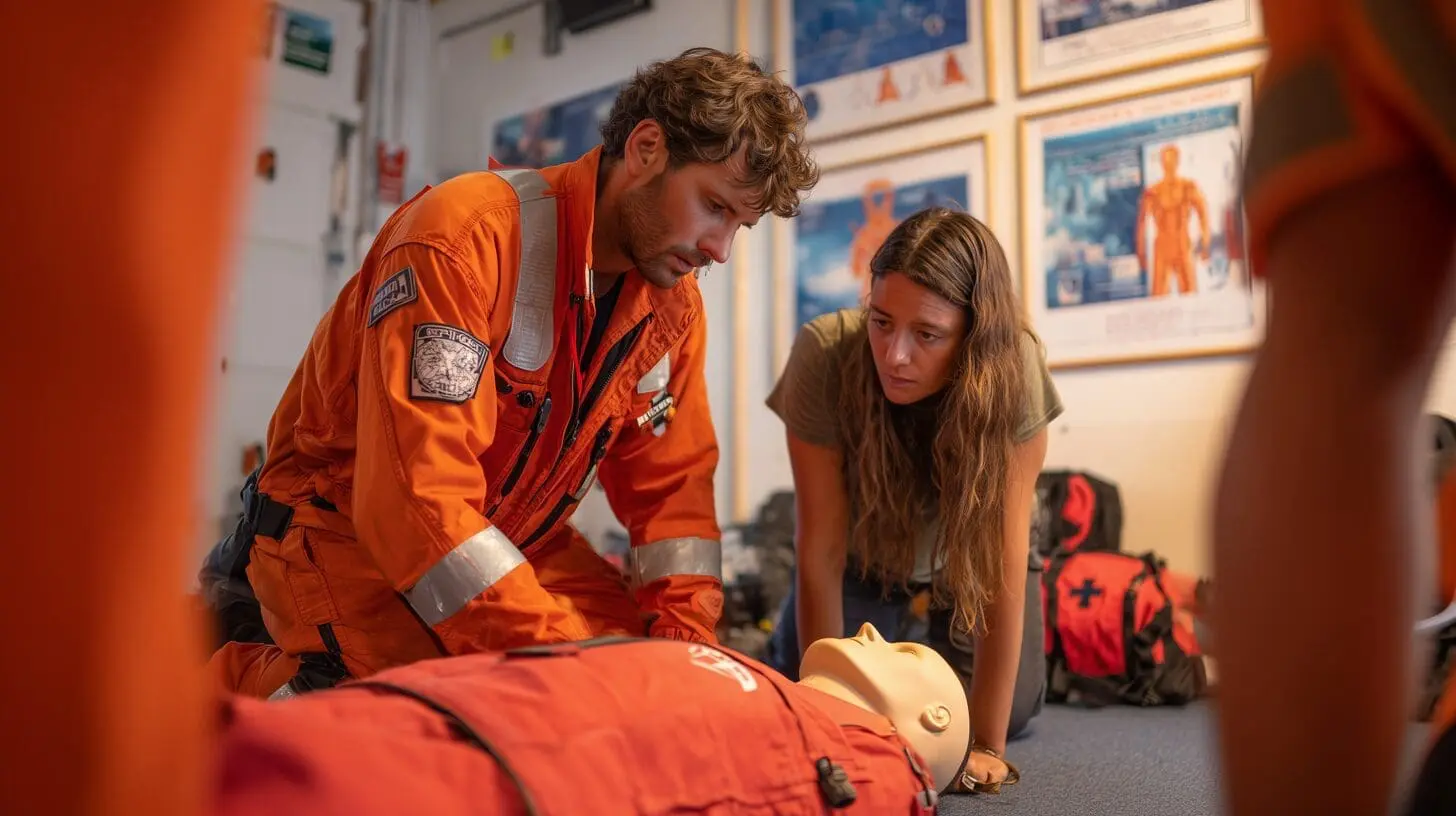 Seafarer instructor in orange uniform demonstrating CPR technique on training mannequin to student during Basic First Aid maritime training course