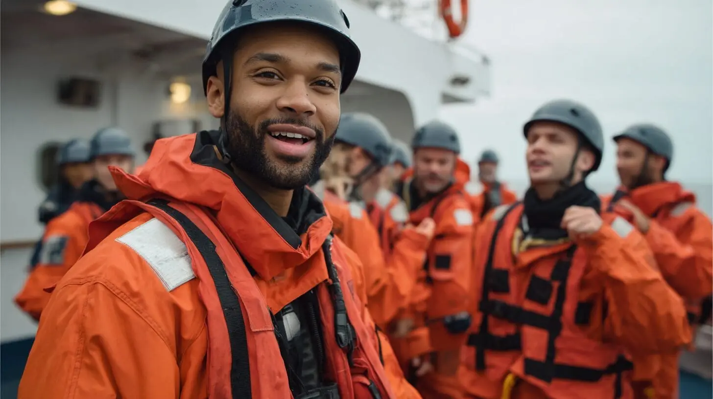 Maritime workers in orange safety gear and hard hats during crisis management training for STCW certification