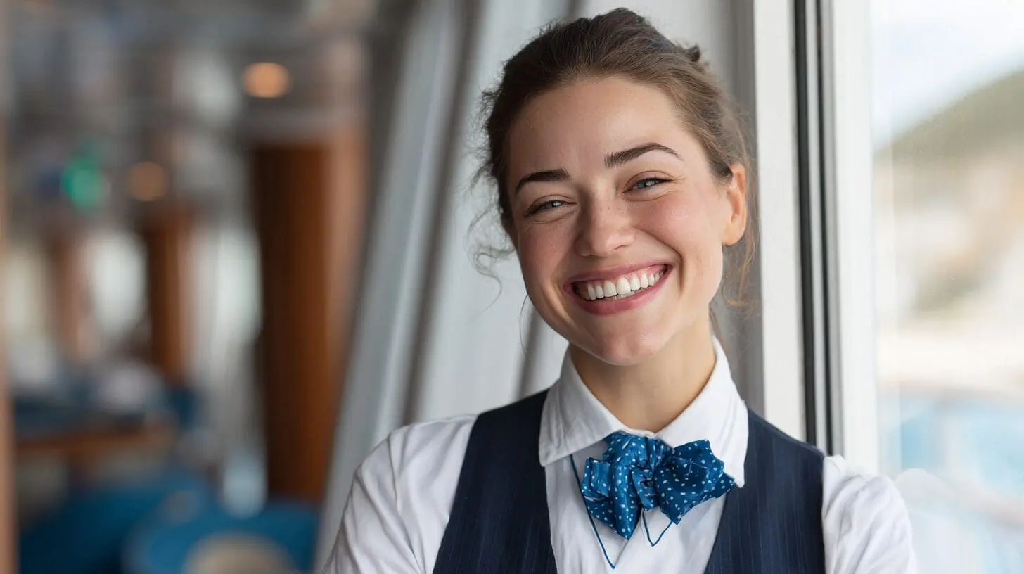 Smiling cruise ship crew member in formal uniform with blue bow tie and vest, representing professional maritime hospitality and passenger service training