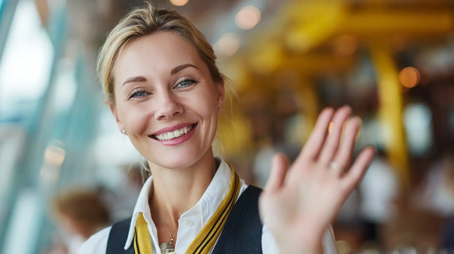 Friendly cruise ship crew member in uniform waving welcome gesture for STCW crowd management and passenger safety training