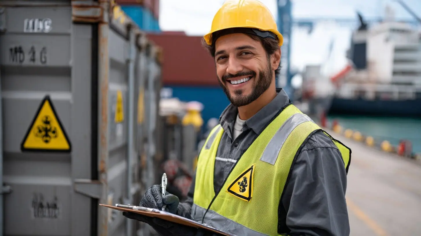 Smiling port worker in yellow hard hat and high-visibility vest holding clipboard at shipping container terminal with hazard warning signs visible