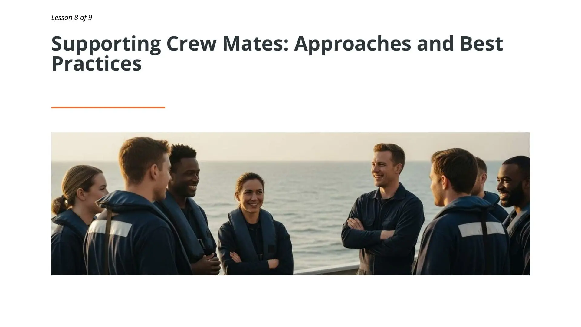 Diverse maritime crew members gathered together on ship deck, smiling and engaged in conversation with ocean background, demonstrating crew camaraderie and mental health support