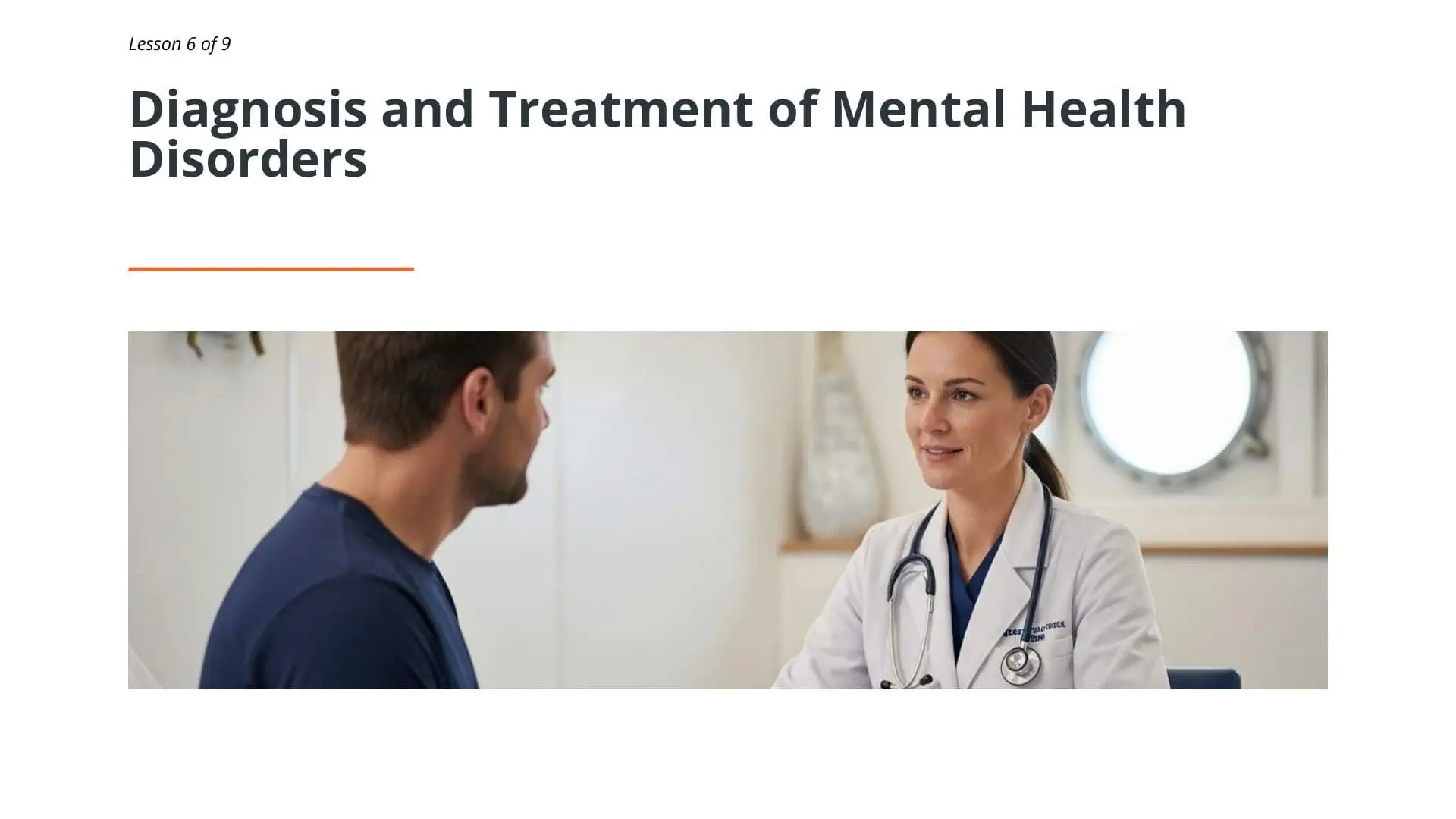 Healthcare professional in white coat with stethoscope consulting male patient, depicting mental health diagnosis and treatment discussion for seafarers awareness training