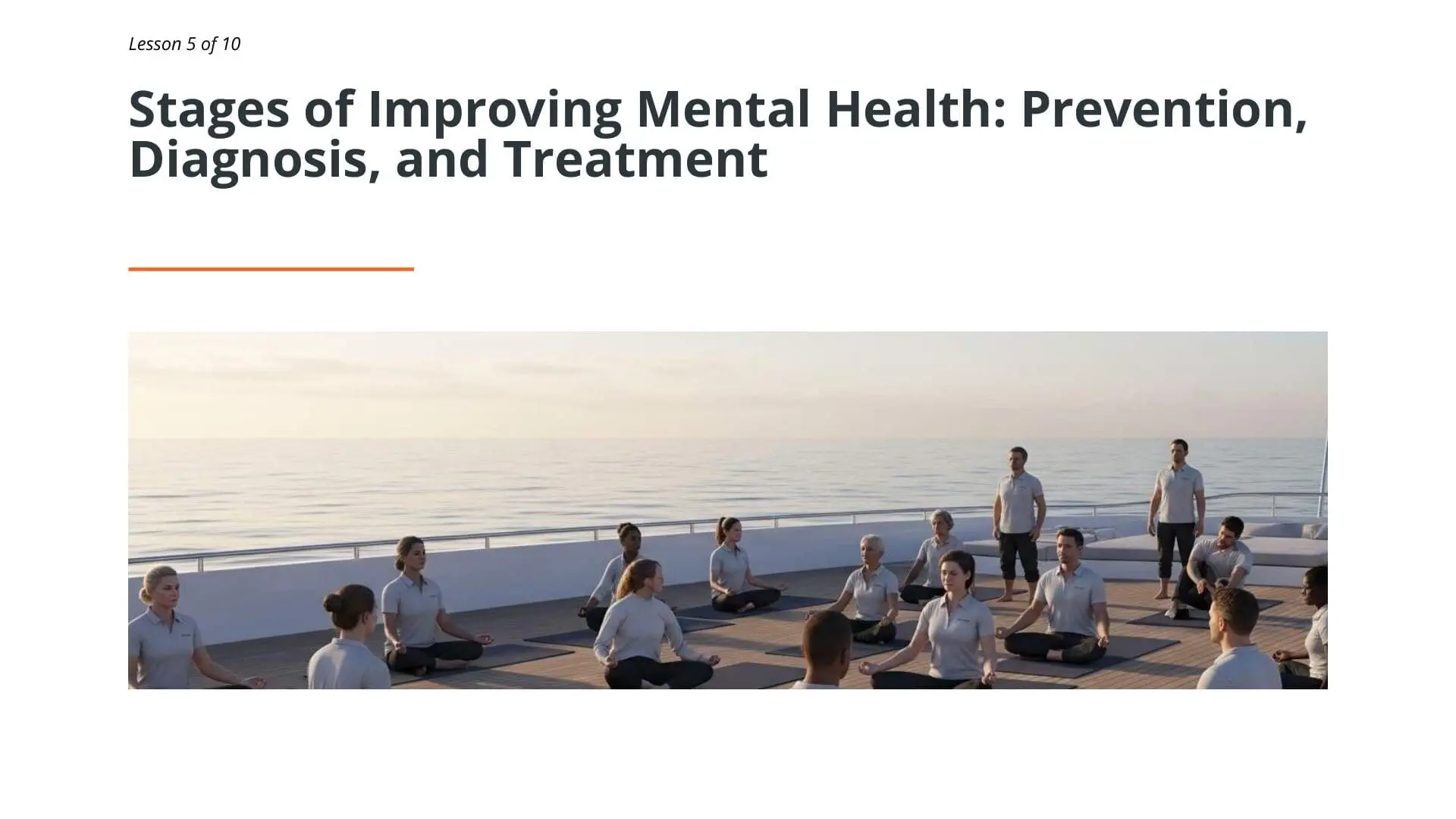 Superyacht crew members practicing yoga and meditation on deck at sunset, promoting mental health awareness and stress relief for maritime professionals