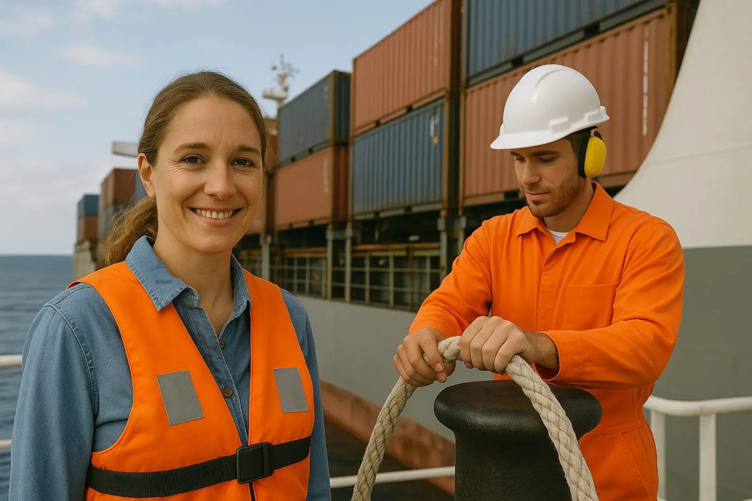 Two maritime workers in orange safety vests and hard hats demonstrate cargo handling with rope near stacked shipping containers and a vessel at port.