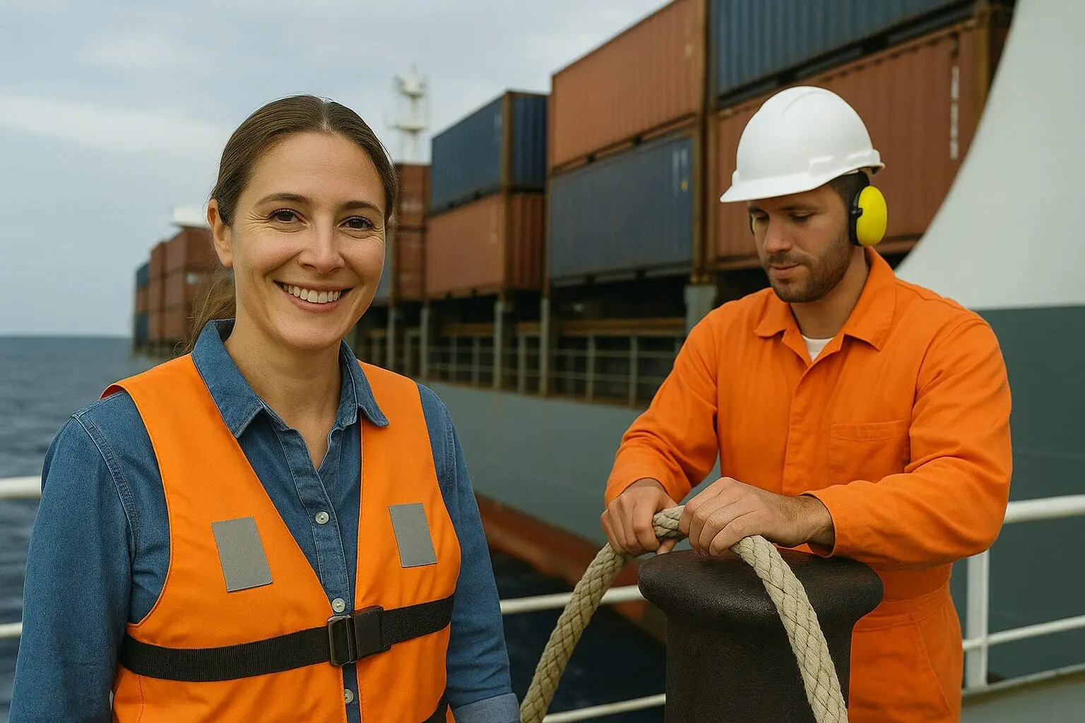 Two dock workers in orange safety vests and hard hats handling rope at a container port terminal with stacked shipping containers and ocean backdrop