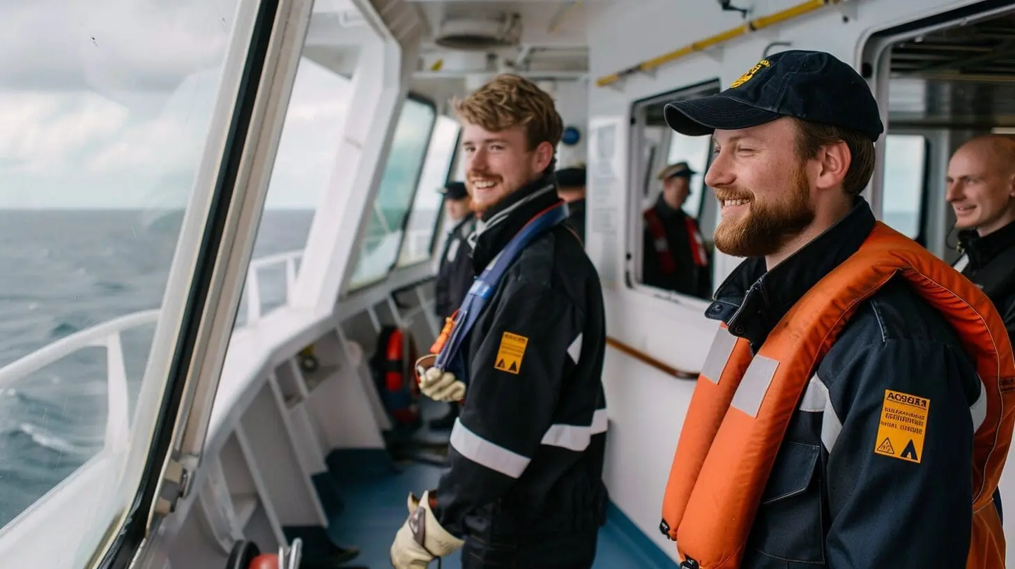 Maritime safety officers in protective gear aboard vessel demonstrating onboard safety procedures and crew training for STCW compliance