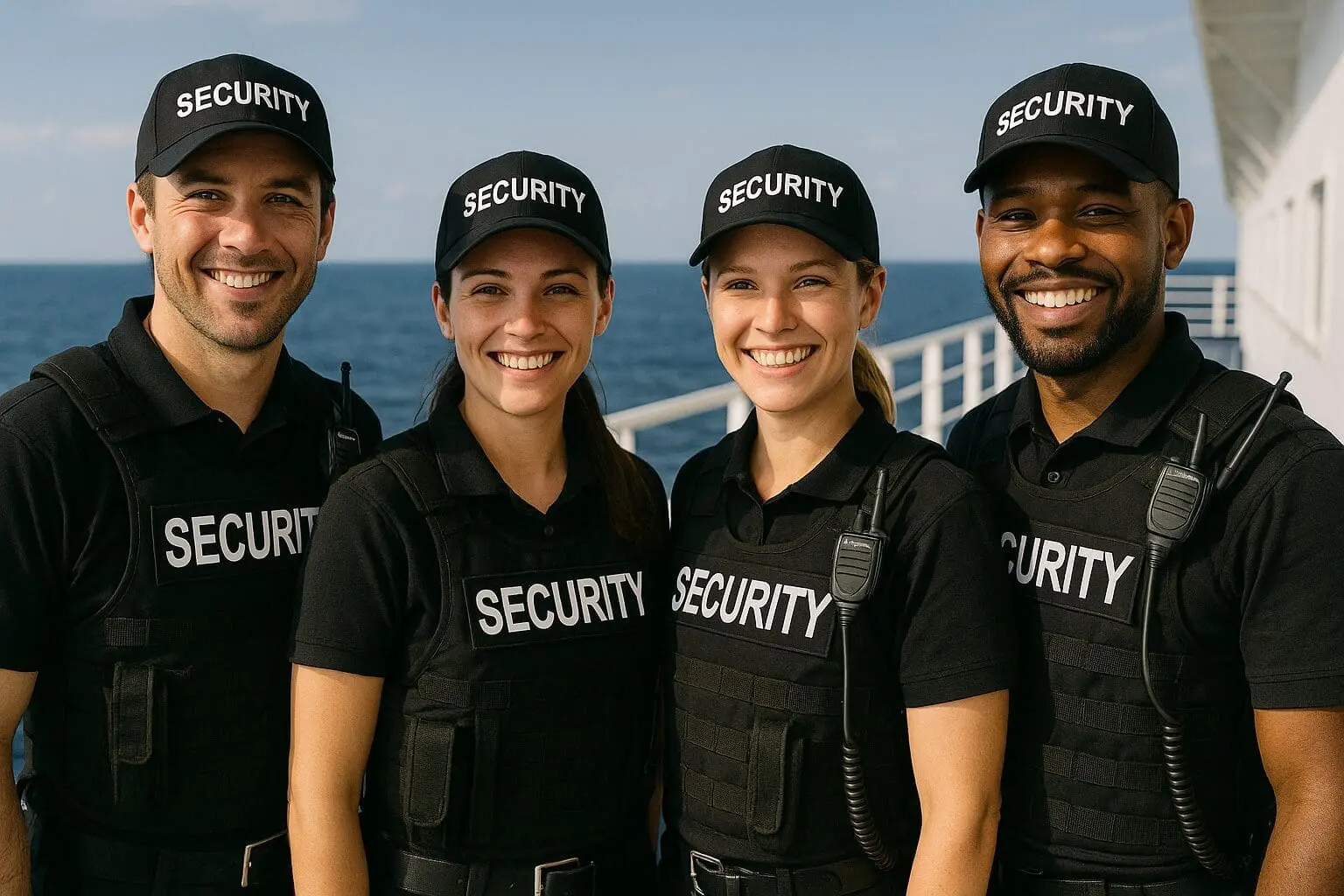 Four security professionals in black uniforms with SECURITY badges stand together on a ship deck with ocean background, representing STCW Security Awareness training certification