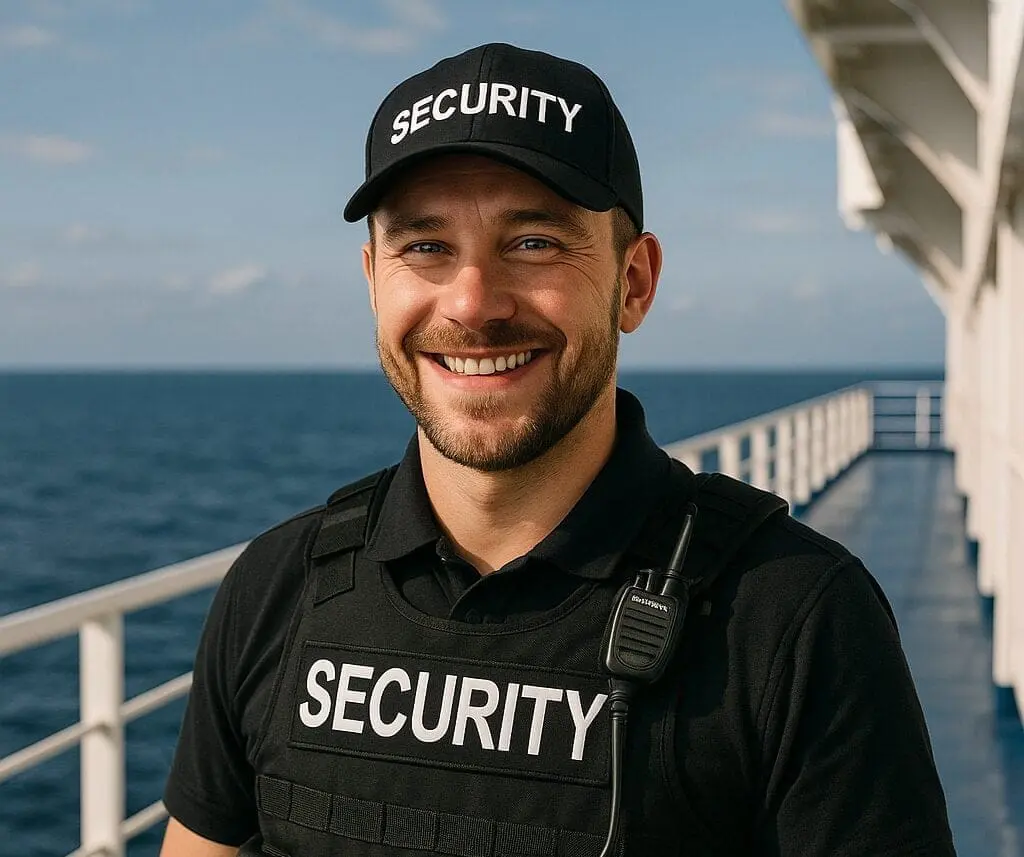 Professional security officer in uniform on ship deck with radio equipment, demonstrating maritime security awareness training for seafarers