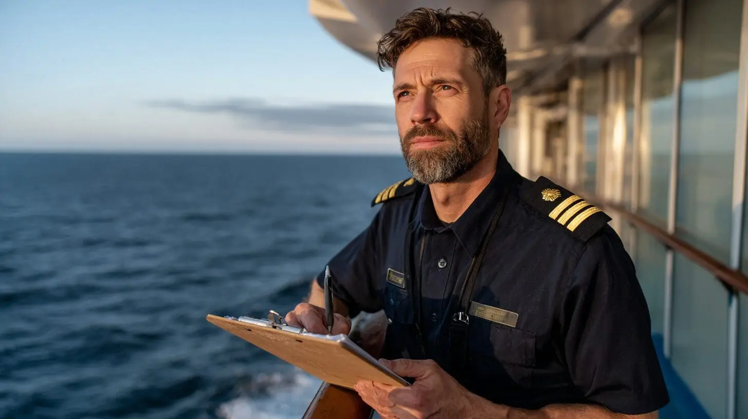 Ship Security Officer in uniform with clipboard on vessel deck overlooking ocean, STCW maritime security training