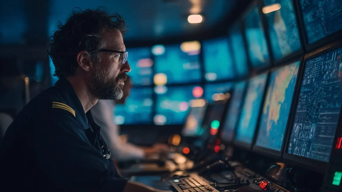 Professional monitoring cyber threats in maritime control room with multiple displays and navigation systems for ship security