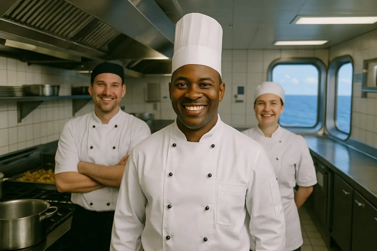 Three smiling chefs in white uniforms and chef hats standing in a modern ship galley kitchen with ocean visible through windows, representing food safety and hygiene training