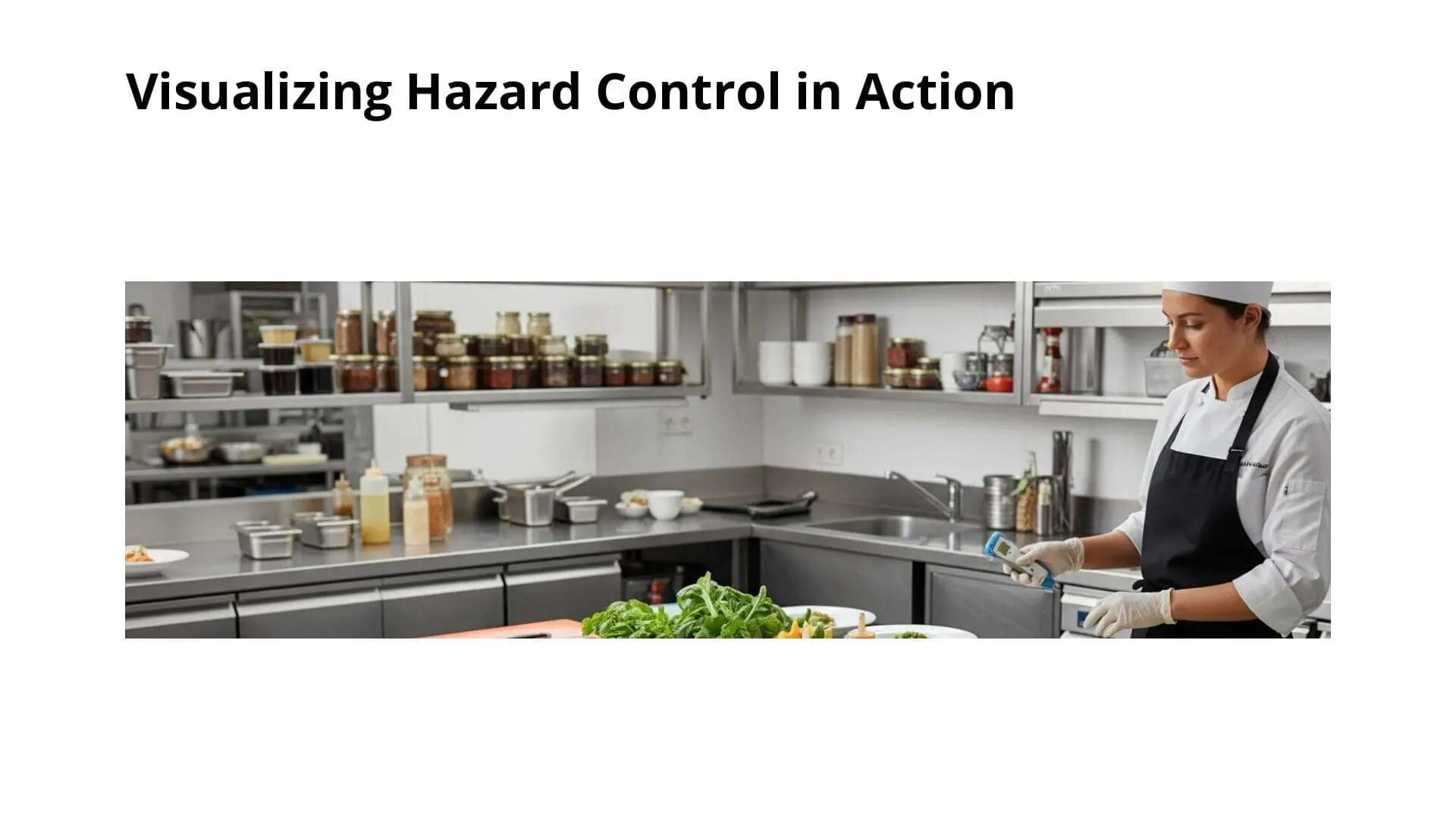 Chef wearing white hat, apron and gloves demonstrating proper food hygiene and hazard control while preparing fresh vegetables in professional kitchen setting