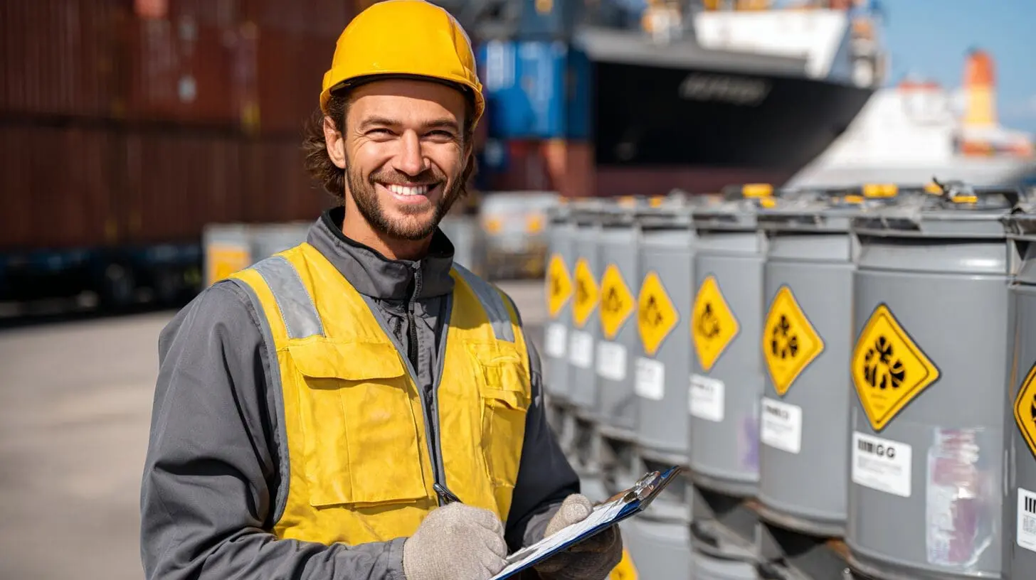 Port worker in yellow safety vest and hard hat inspecting hazardous materials containers marked with warning labels at shipping dock