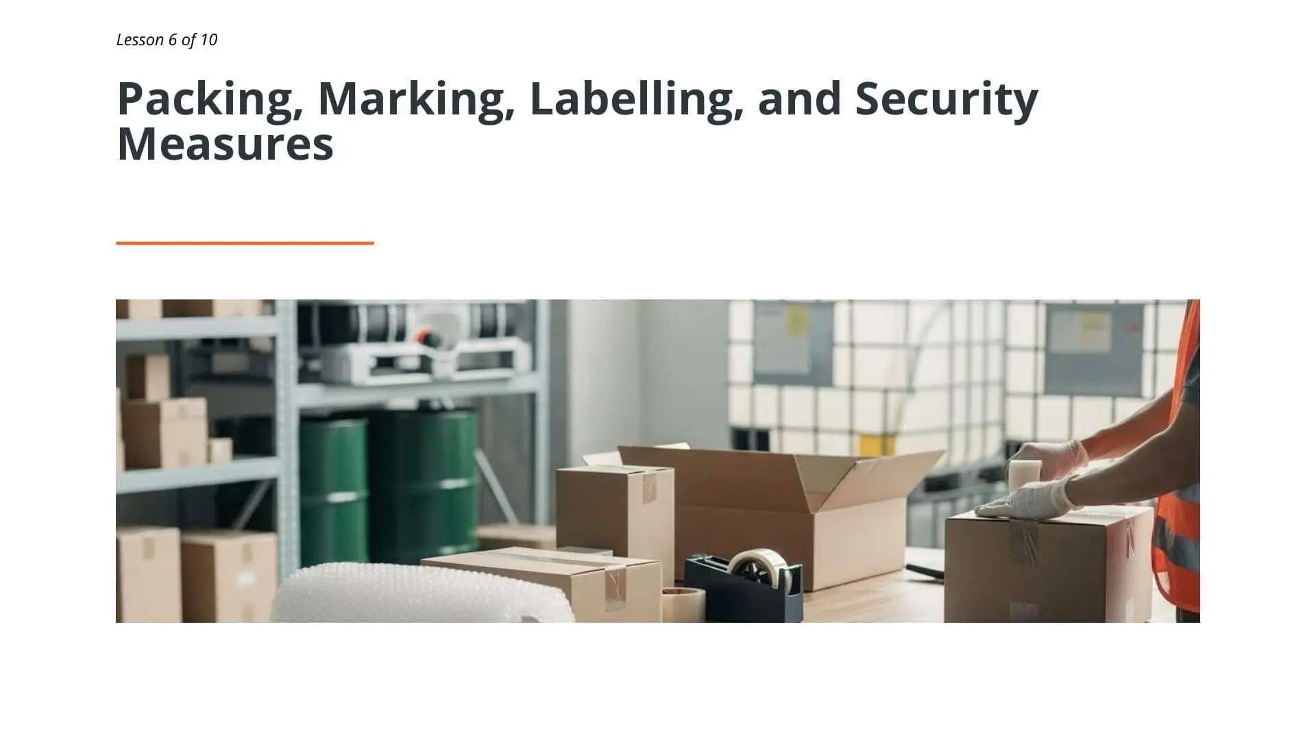 Warehouse worker sealing cardboard boxes with tape, demonstrating proper packing and labeling procedures for dangerous goods transport compliance