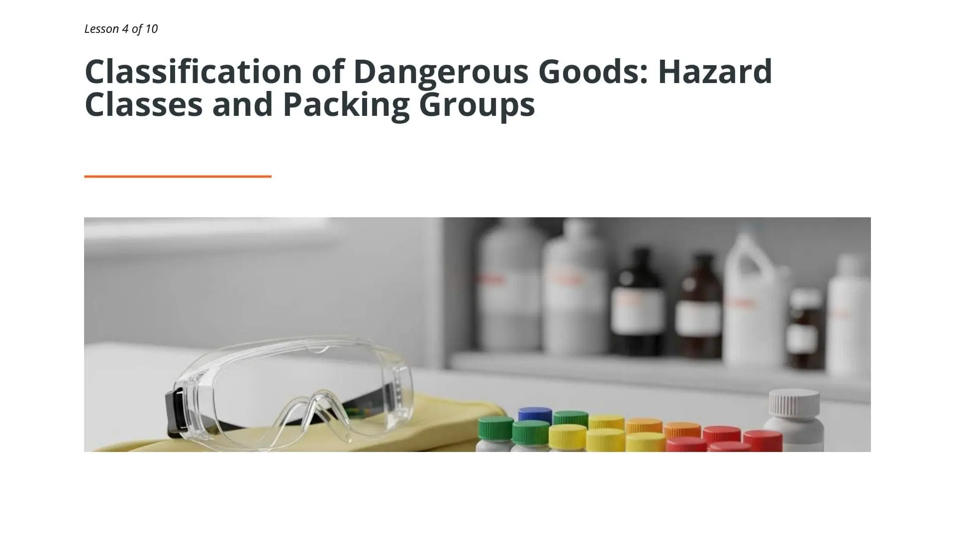 Laboratory workstation with safety glasses, colorful test tube caps, and chemical bottles representing IMDG Code dangerous goods hazard classification and packing groups