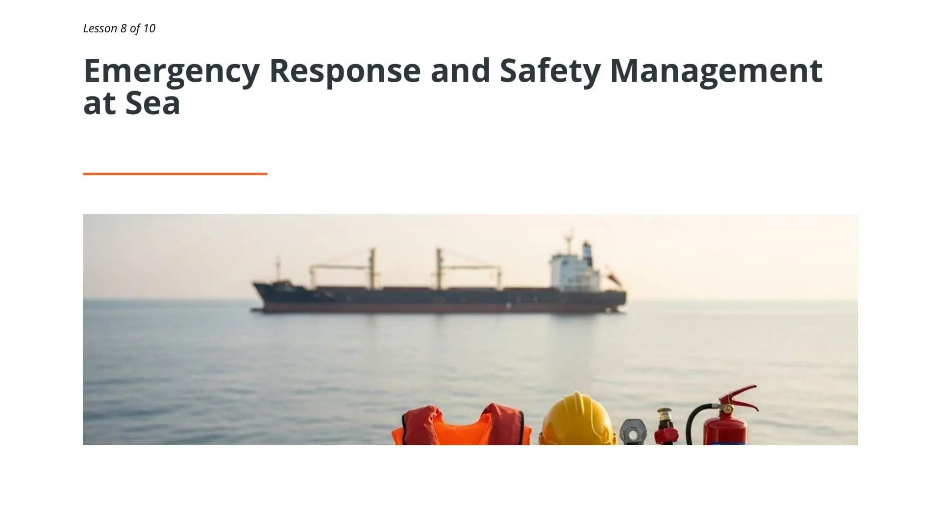 Maritime safety equipment including life jacket, hard hat, and fire extinguisher with cargo ship at sea for IMDG Code awareness training