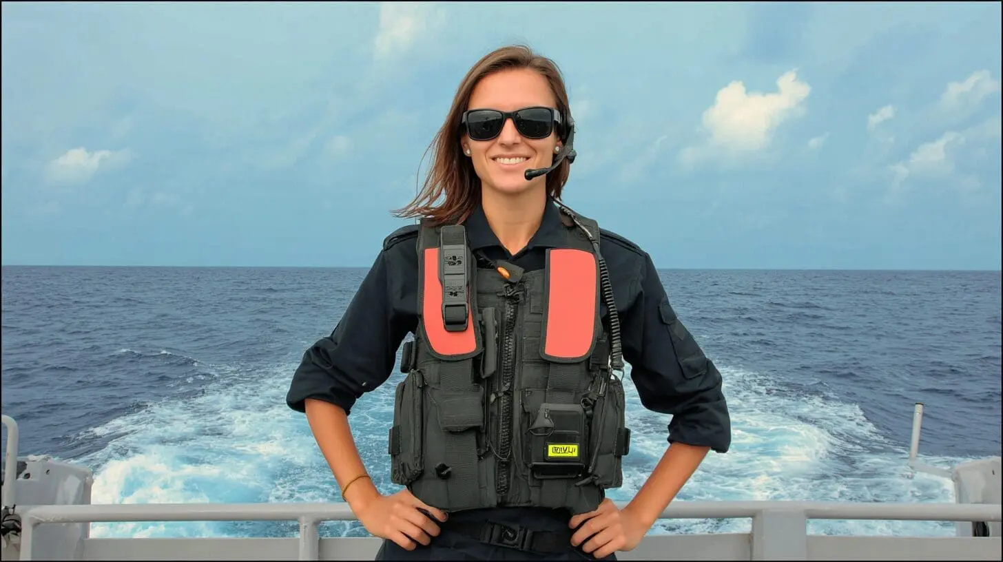 Female maritime security officer in tactical vest on cruise ship deck with ocean background, representing STCW security awareness training