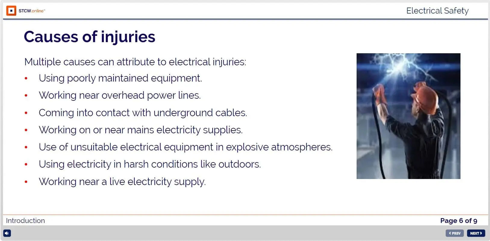 STCW online electrical safety training slide listing multiple causes of electrical injuries including poorly maintained equipment, overhead power lines, and working near live electricity supplies