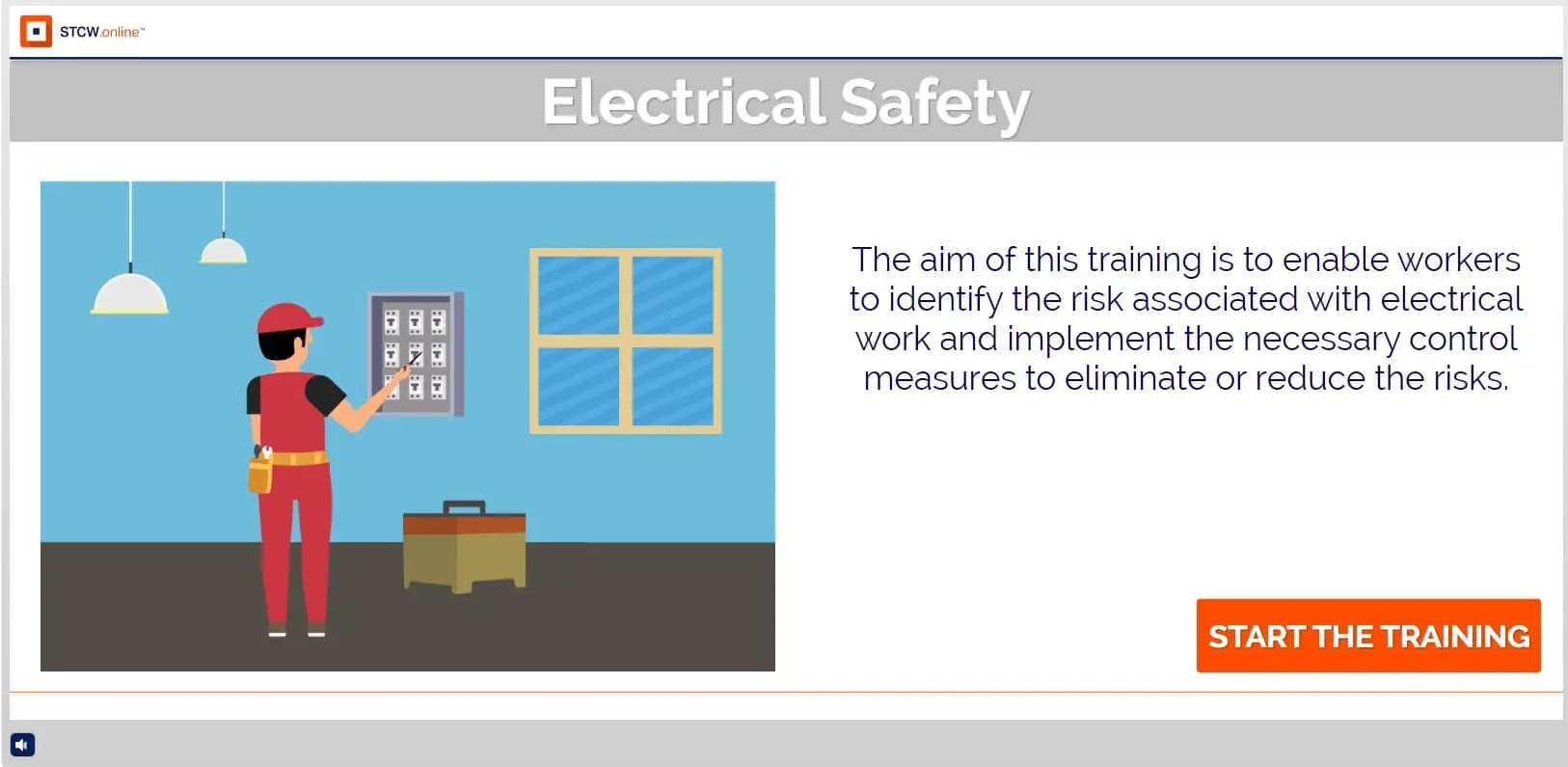 Electrician in red uniform operating electrical panel in training scenario for STCW online electrical safety course