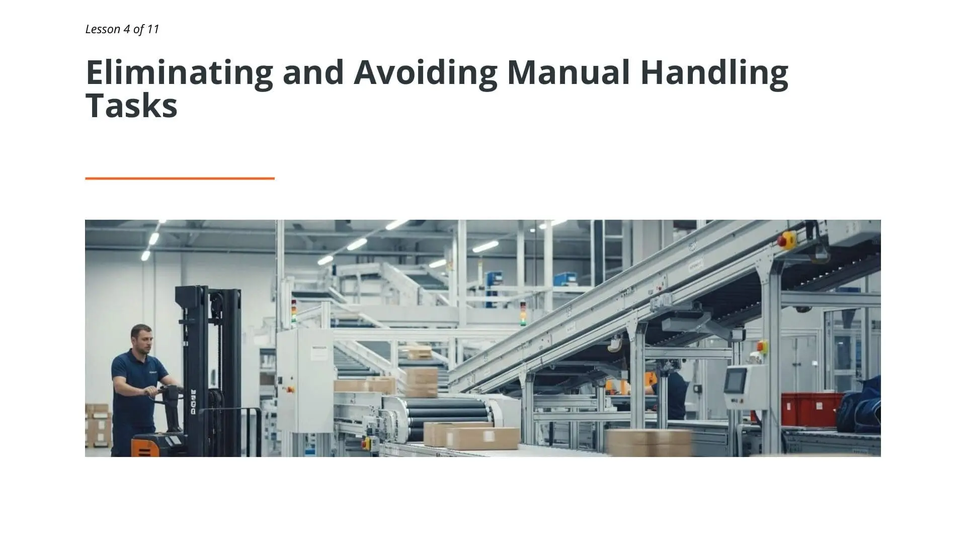 Industrial warehouse worker using forklift equipment to eliminate manual handling tasks, demonstrating automation and safe material handling practices