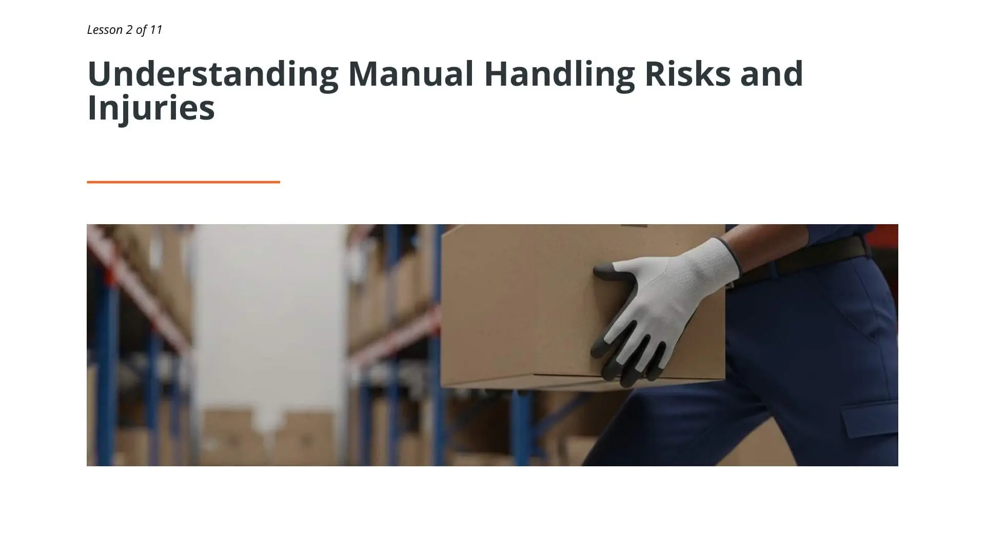 Warehouse worker wearing protective gloves lifting cardboard box demonstrating proper manual handling technique in warehouse environment