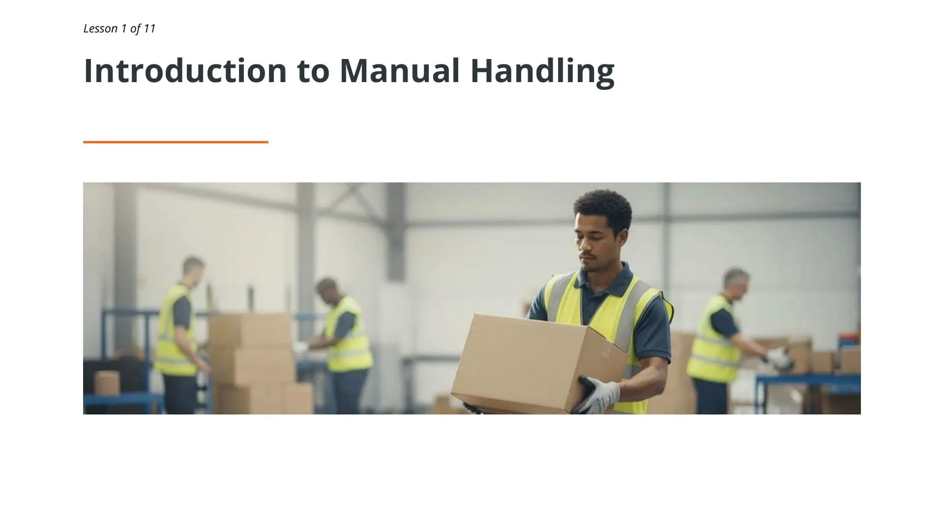 Warehouse worker in safety vest properly lifting cardboard box during manual handling training lesson in industrial facility