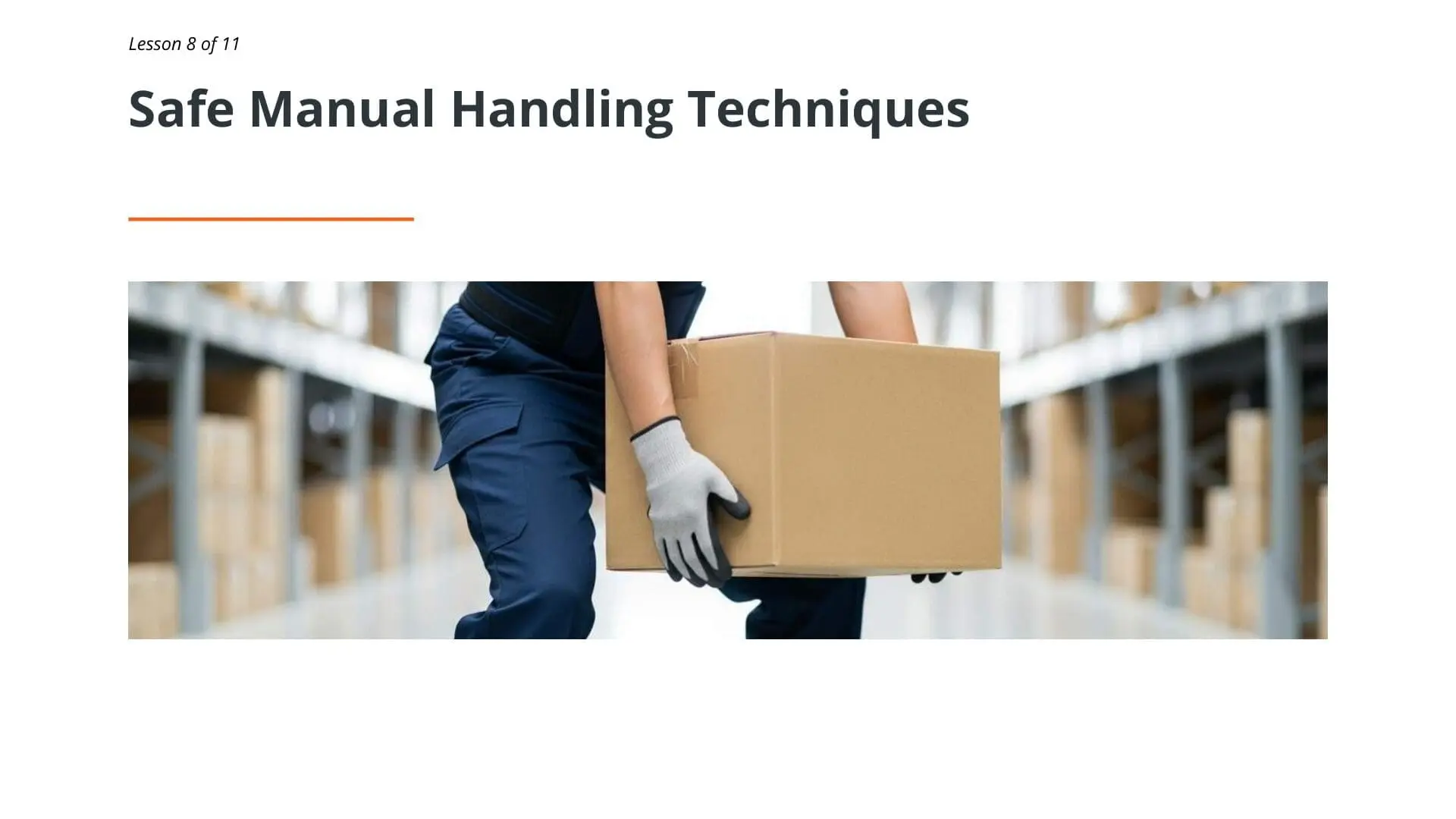 Worker demonstrating proper manual handling technique while carrying cardboard box with correct posture and protective gloves in warehouse setting