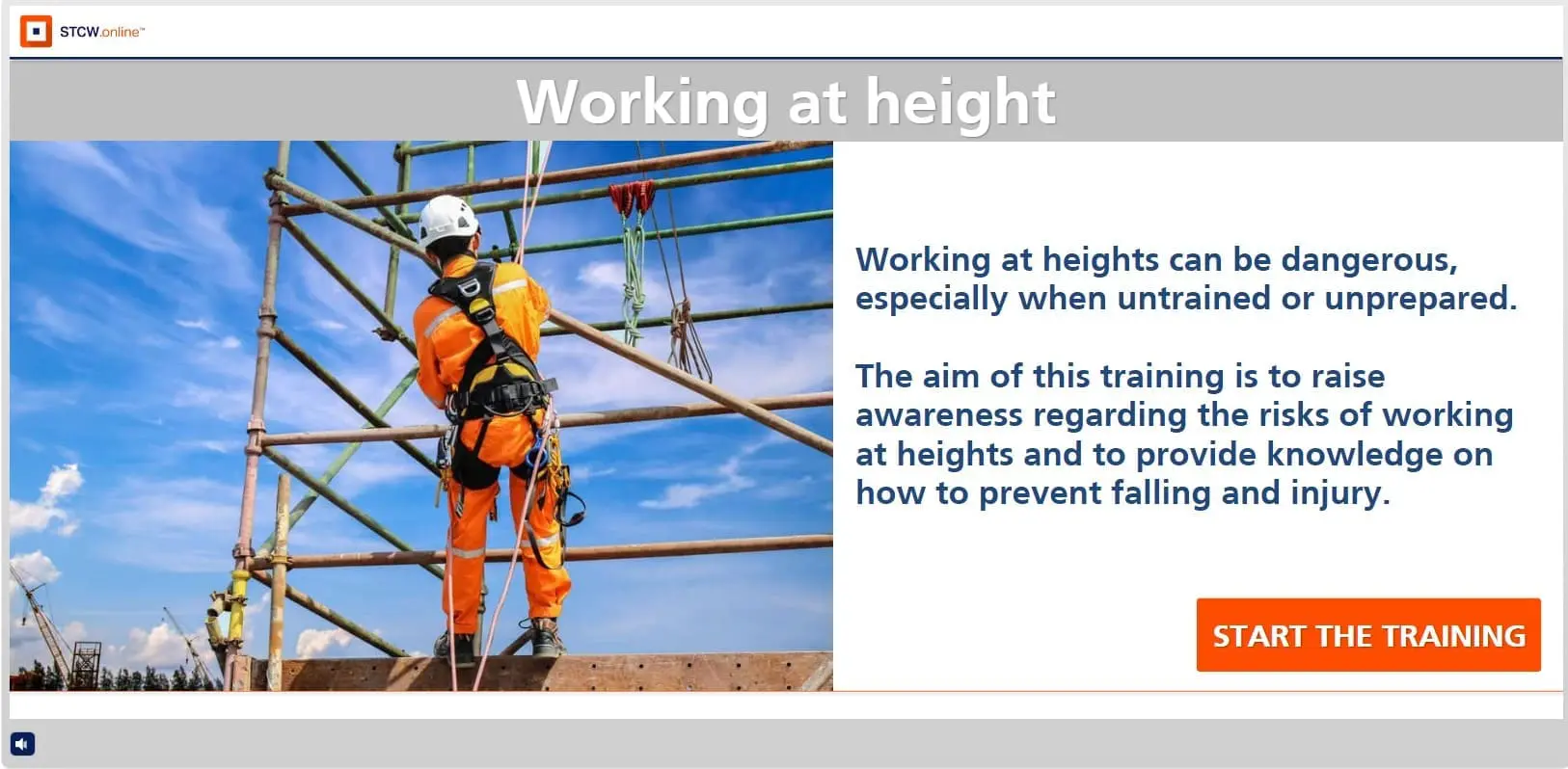 Construction worker in orange safety gear secured with harness on metal scaffolding against blue sky, demonstrating proper fall protection equipment for working at heights