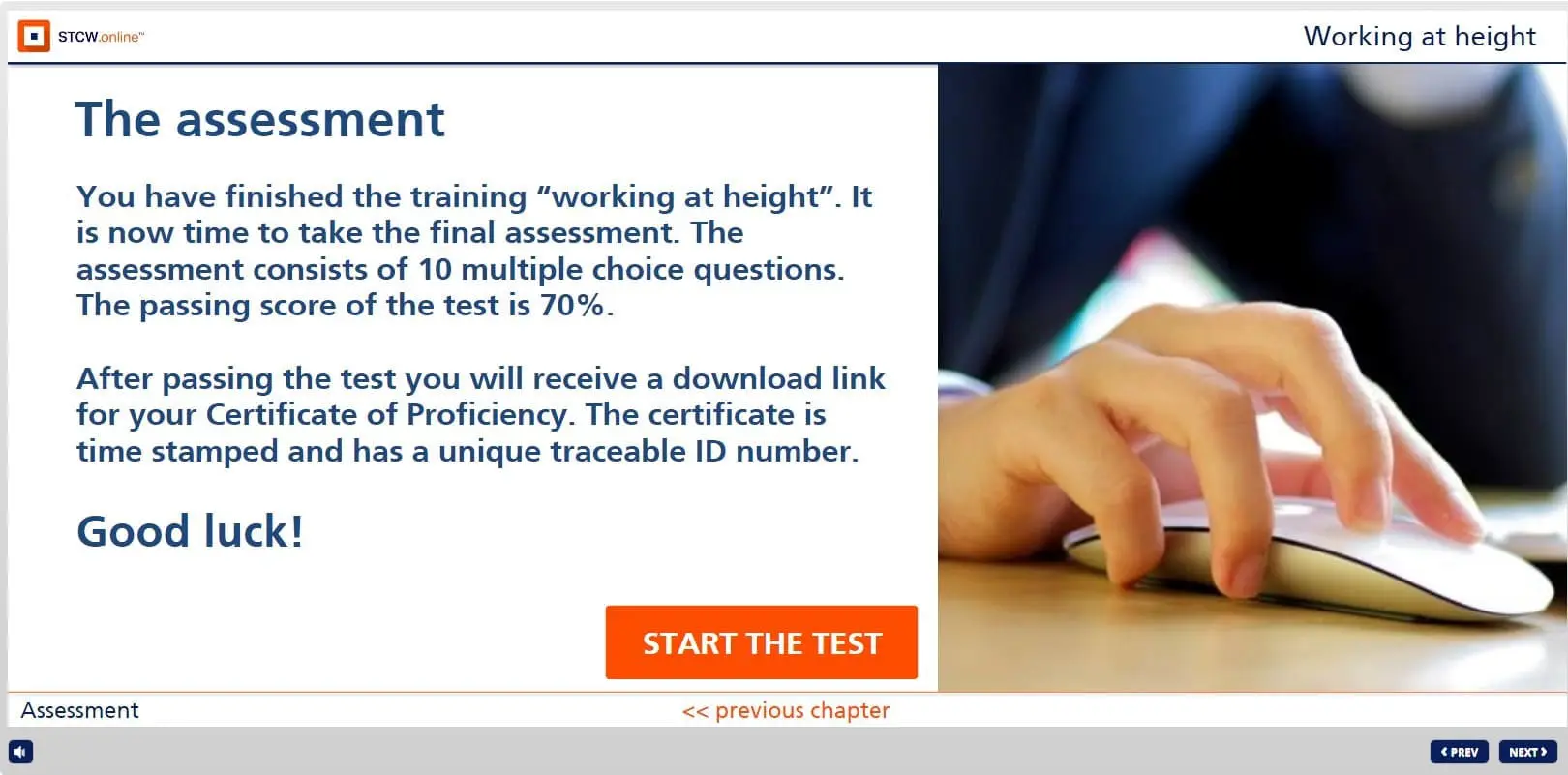 STCW.online assessment page for Working at Height training with 10 multiple choice questions, 70% passing requirement, and Certificate of Proficiency upon completion