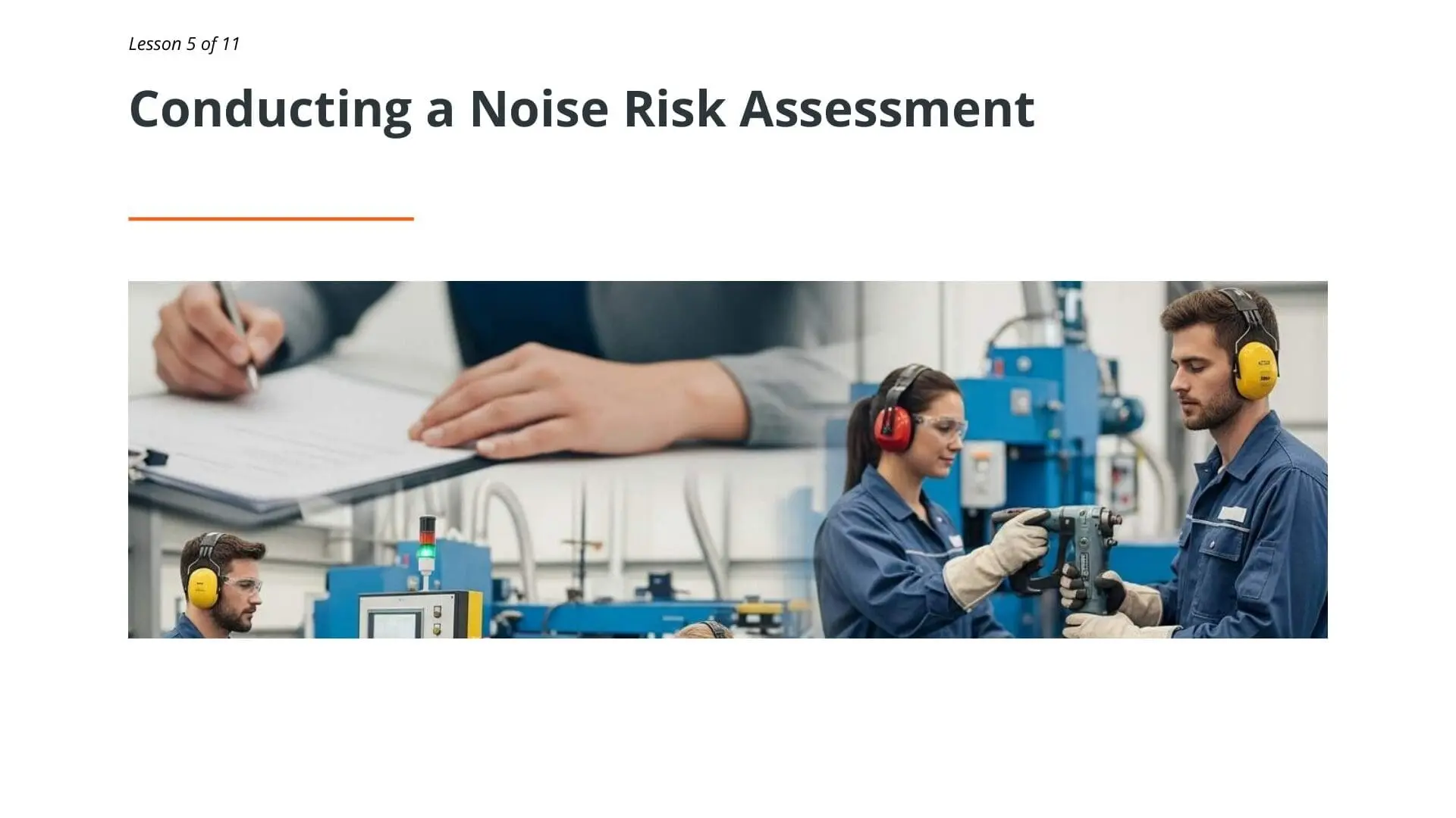 Factory workers wearing yellow and red earmuffs conducting noise risk assessment with measurement equipment and documentation