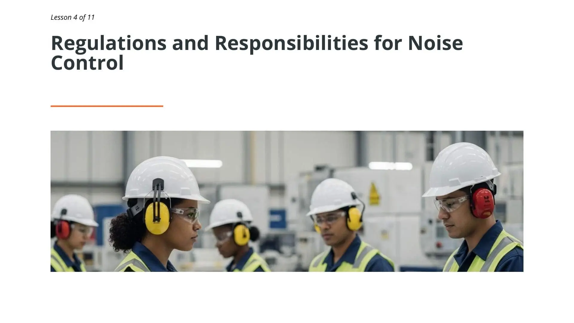 Factory workers in safety gear with hard hats and ear defenders demonstrating noise control regulations and personal protective equipment requirements in industrial workplace environments