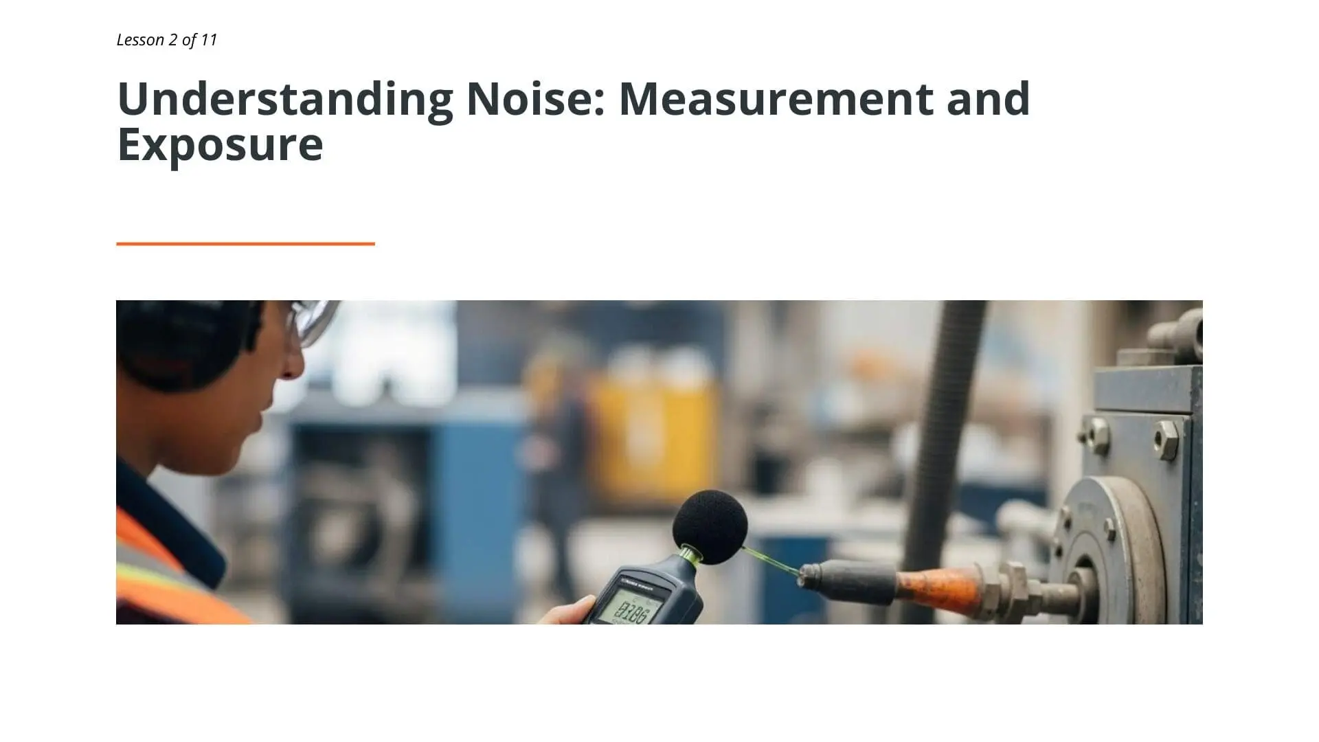 Worker using sound level meter to measure noise exposure at industrial machinery workstation for safety training