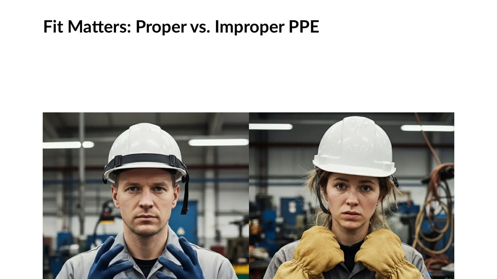 Two industrial workers demonstrating proper and improper personal protective equipment fit, showing correct hard hat and glove placement for workplace safety training