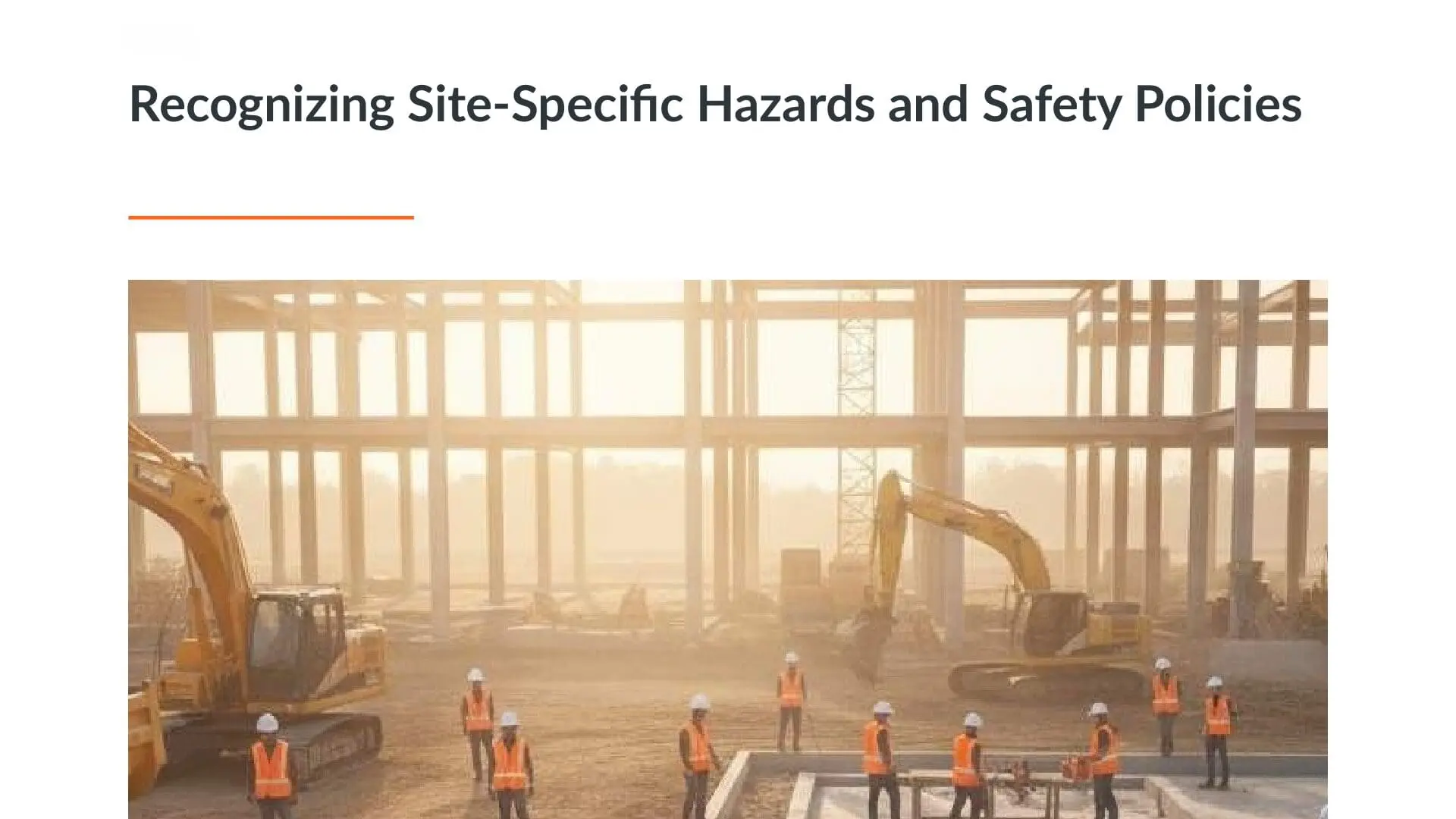 Construction workers in safety vests and hard hats on industrial site with excavators and steel framework, demonstrating workplace safety essentials and site-specific hazard recognition