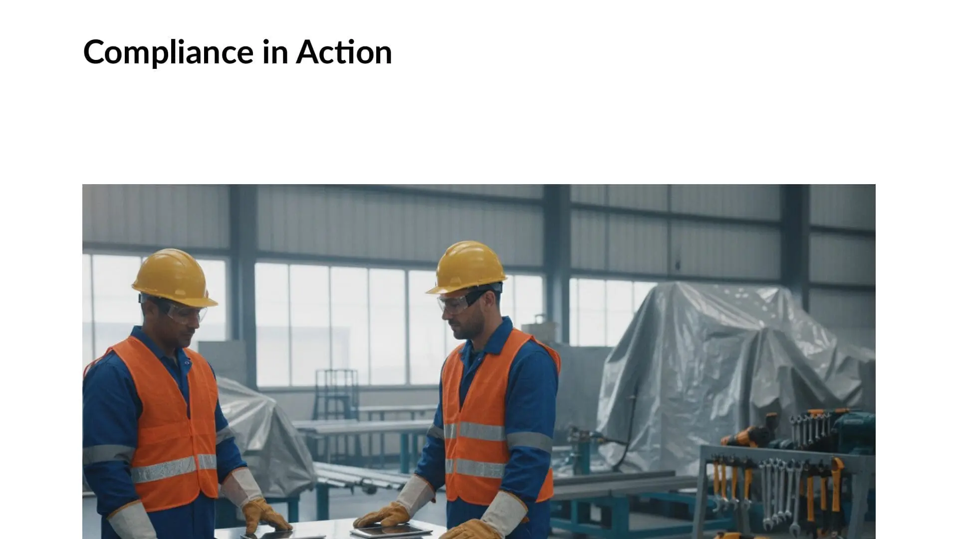 Two construction workers wearing hard hats, orange safety vests, and gloves review documentation at an industrial warehouse, exemplifying workplace safety compliance and induction procedures