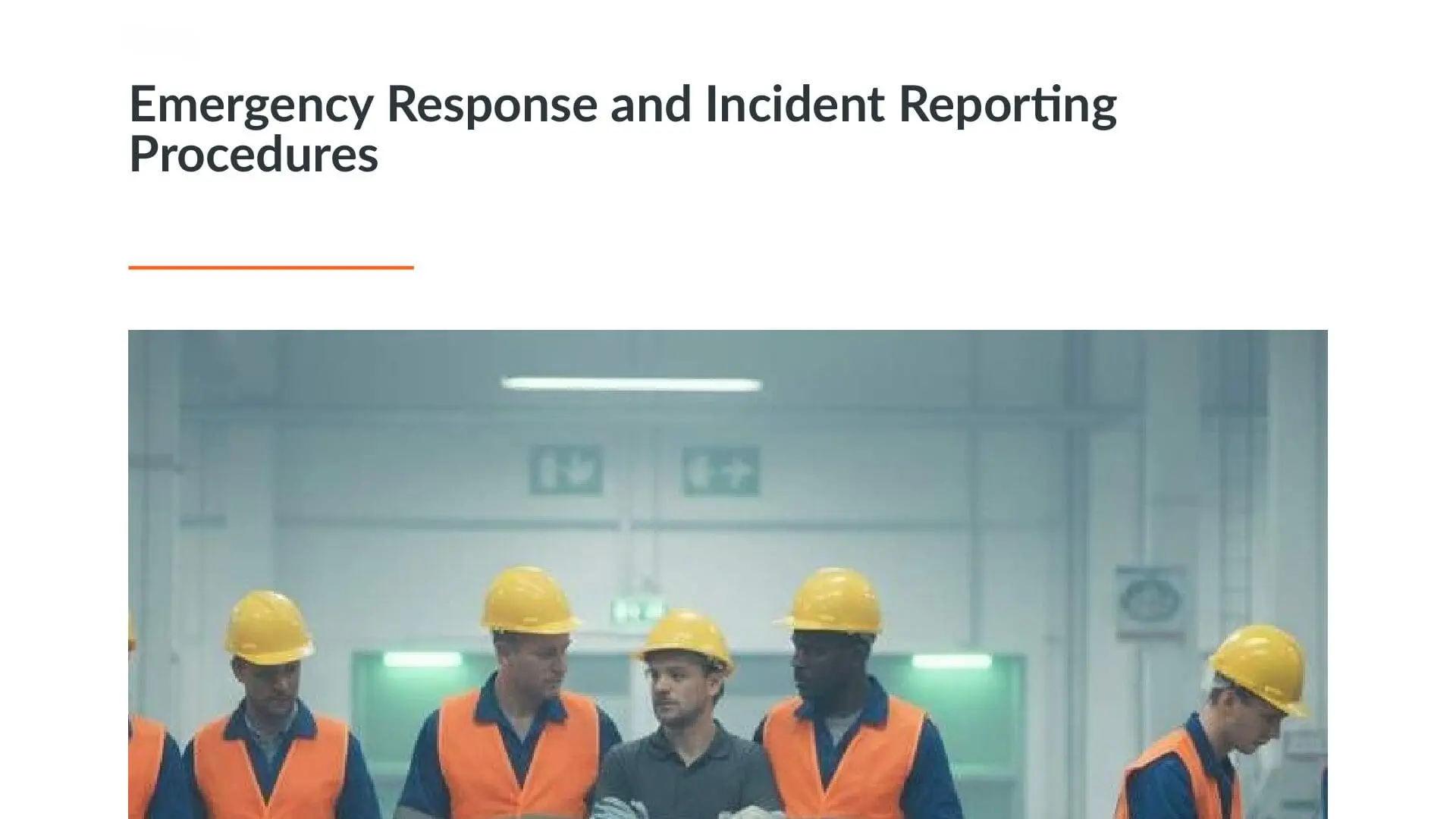 Industrial workers in safety vests and hard hats discussing emergency response procedures in a warehouse facility during workplace safety induction training