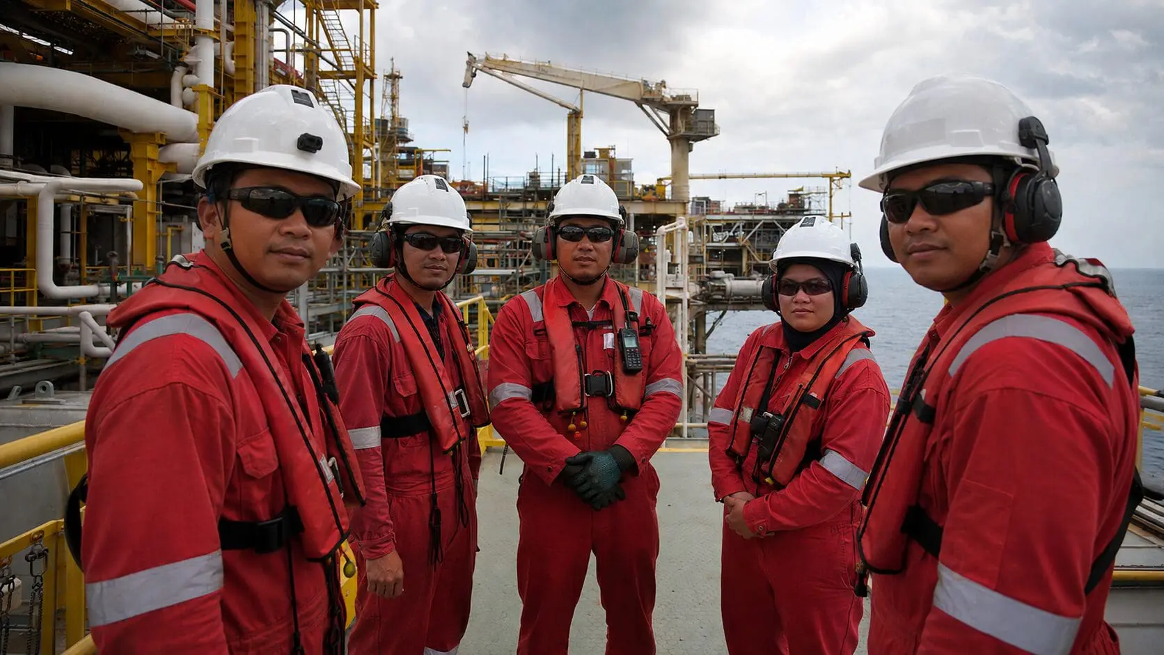 Five offshore workers in red safety suits and hard hats at industrial platform during safety induction training