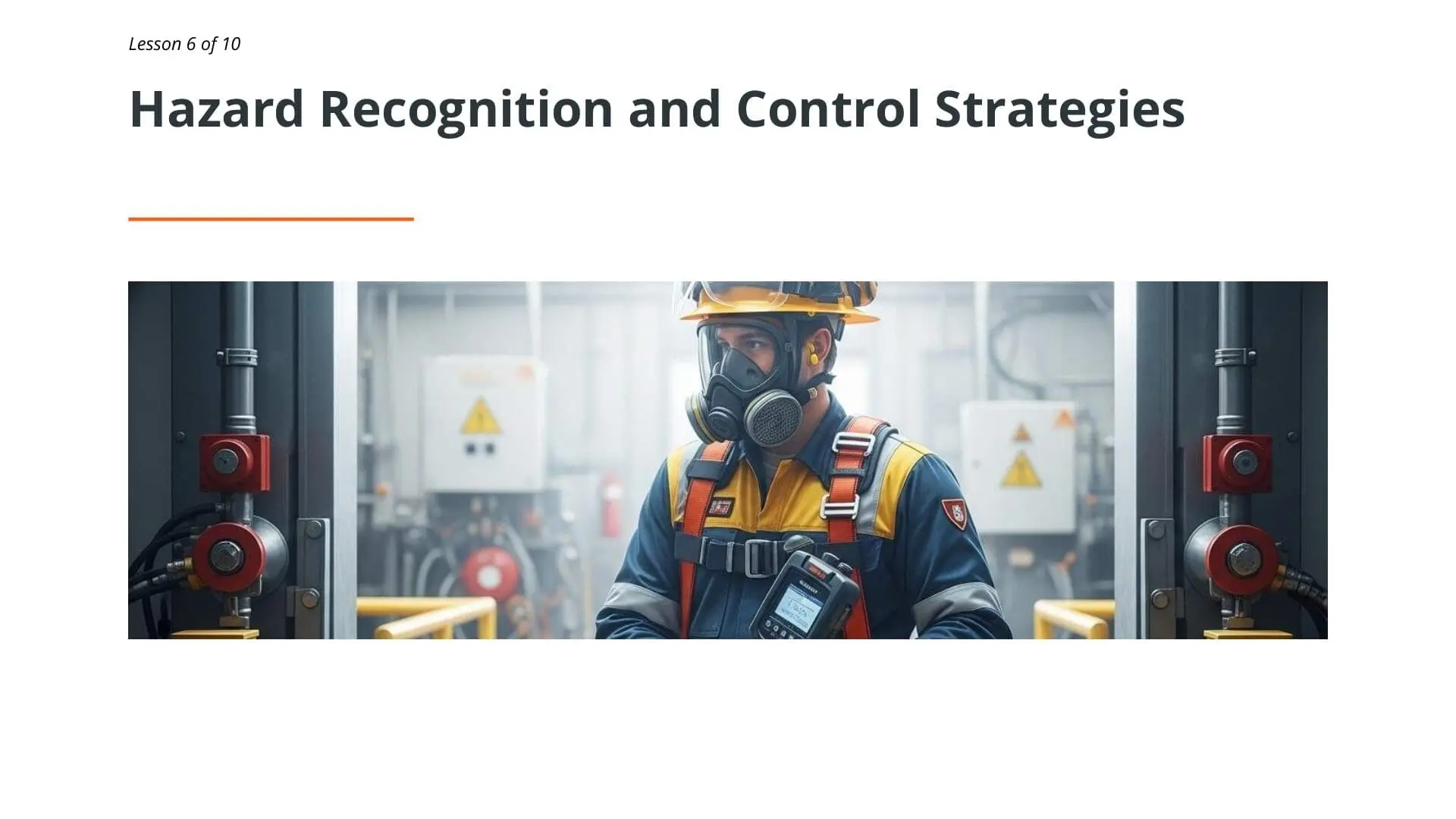 Safety worker wearing protective equipment including hard hat, respirator, and harness in industrial confined space environment with hazard warning signs