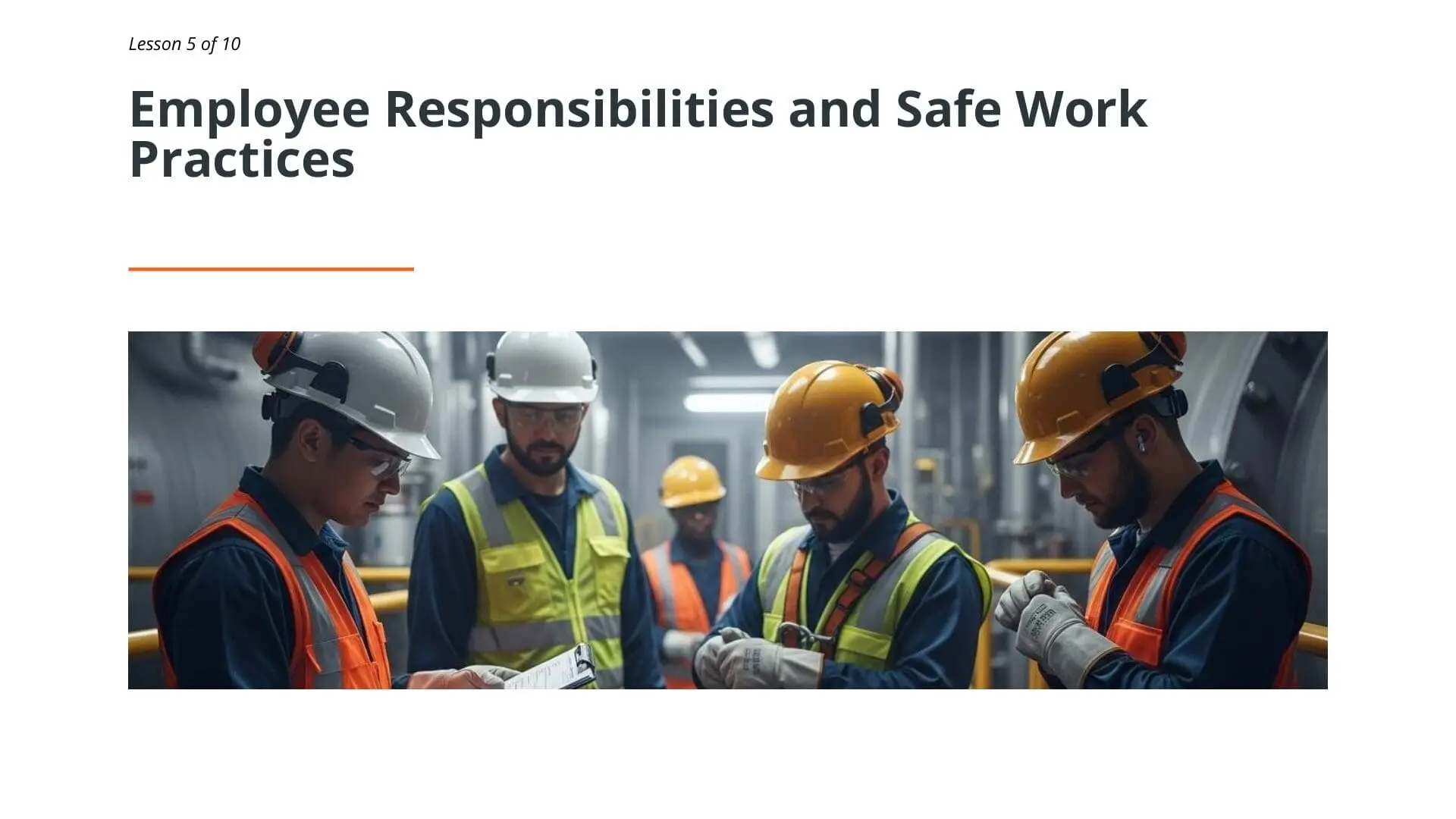 Construction workers in safety helmets and vests review confined space safety procedures on jobsite
