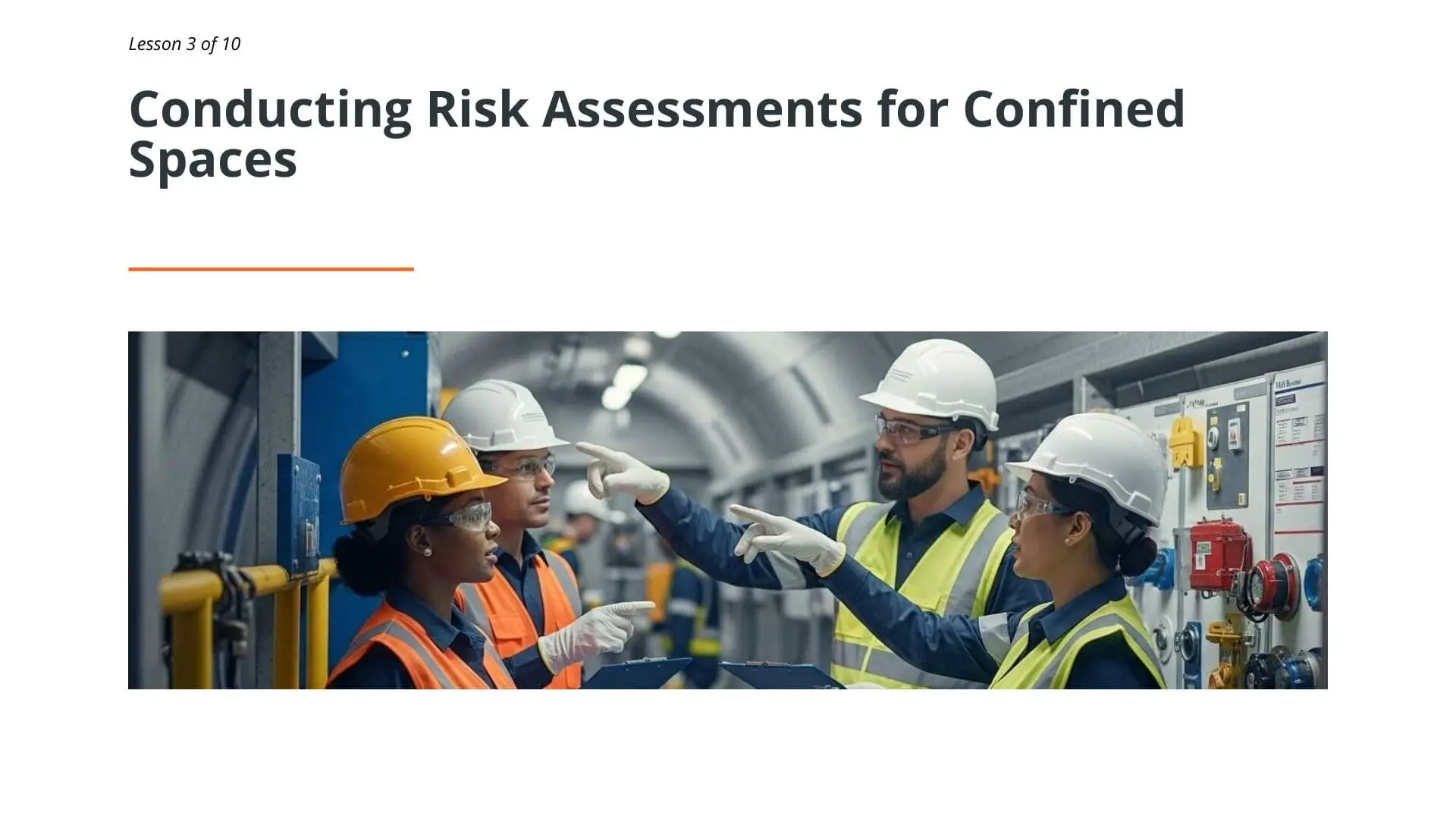Four safety workers in hard hats and high-visibility vests discussing confined space hazards in an industrial facility during risk assessment training