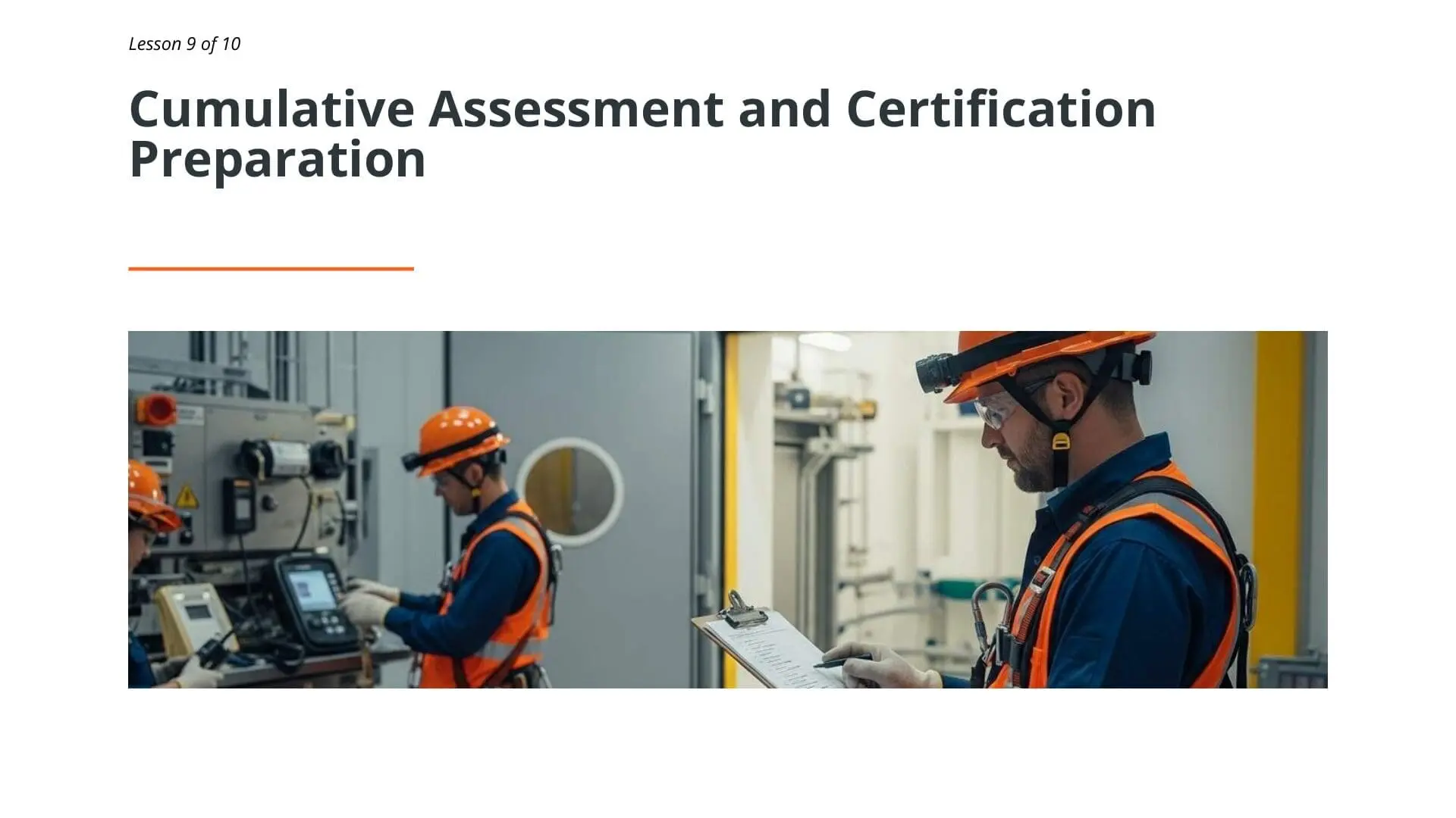 Two workers in orange hard hats and safety vests conducting assessment with clipboard and equipment in industrial confined space environment