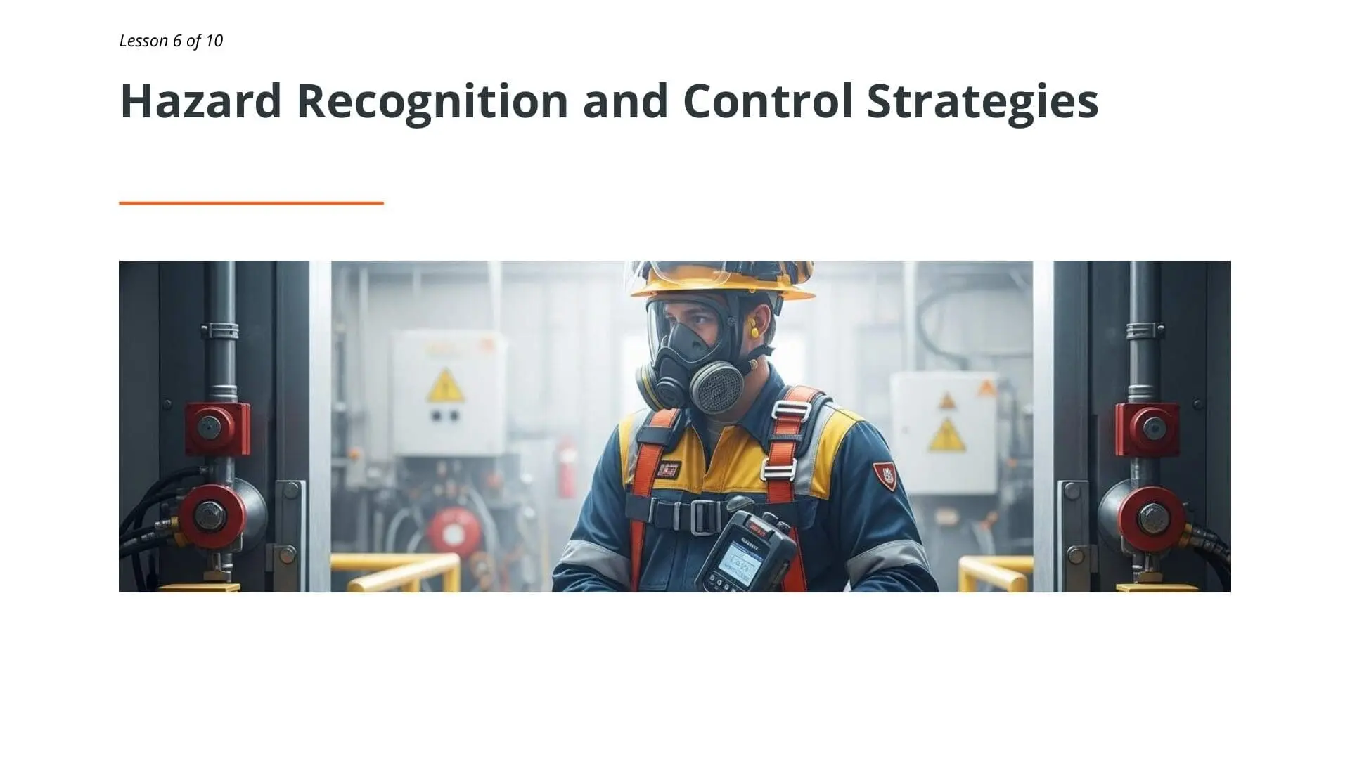 Safety worker wearing protective equipment including hard hat, respirator, and harness in industrial confined space environment with hazard warning signs