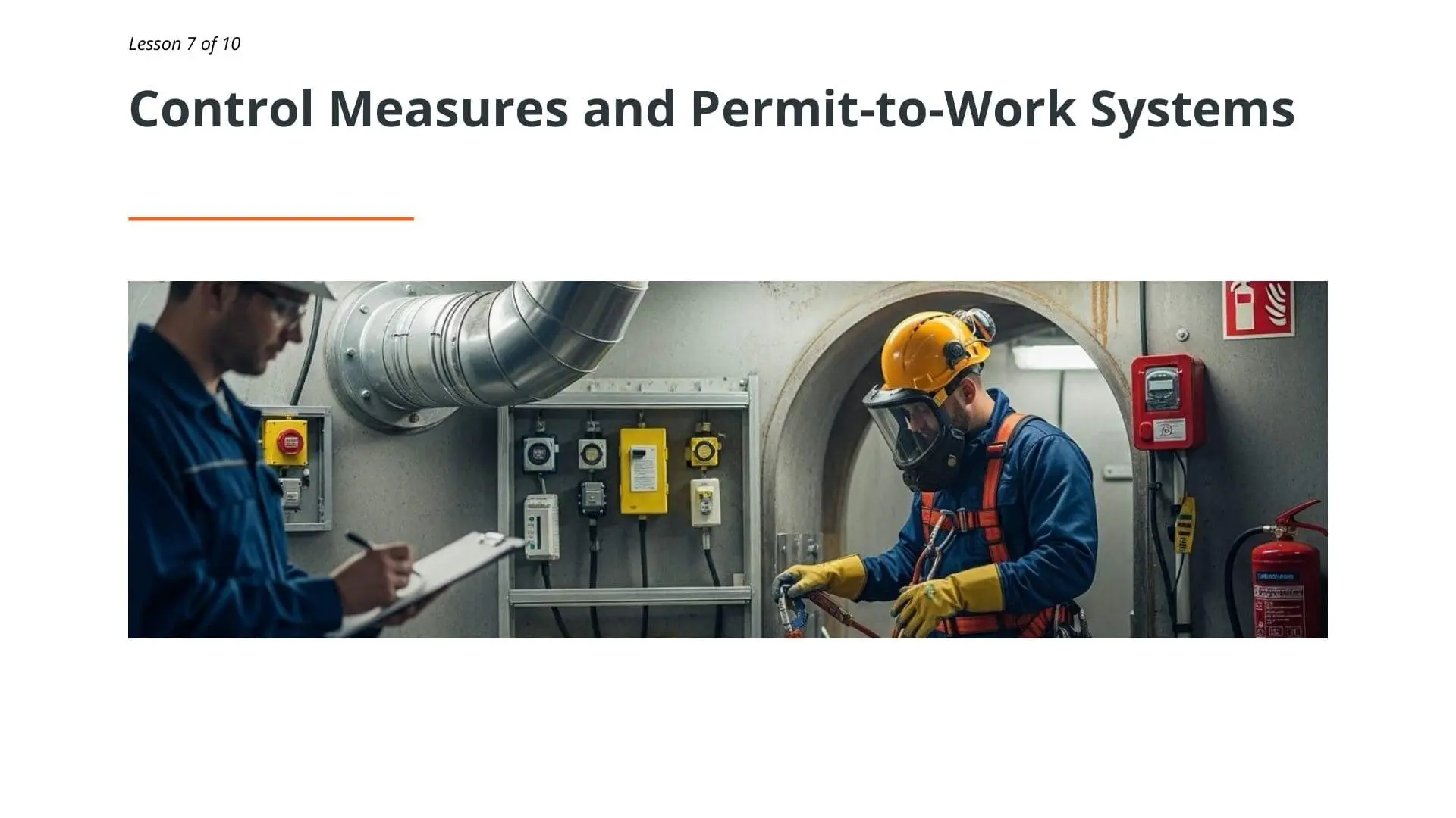 Worker in safety equipment performing confined space work with supervisor holding permit documentation near emergency equipment