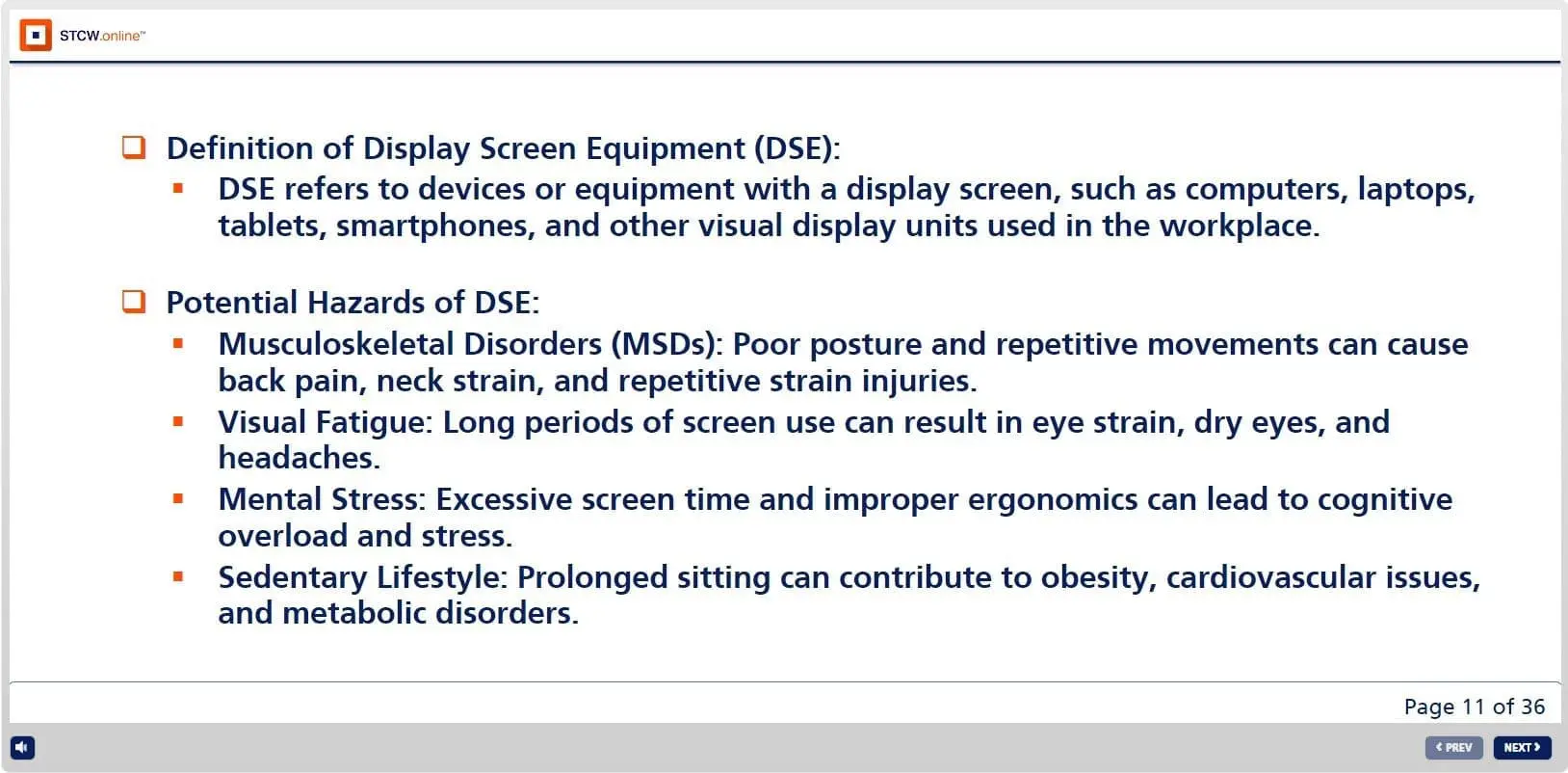 STCW online course page defining DSE and listing potential hazards including musculoskeletal disorders, visual fatigue, mental stress, and sedentary lifestyle risks for maritime office workers
