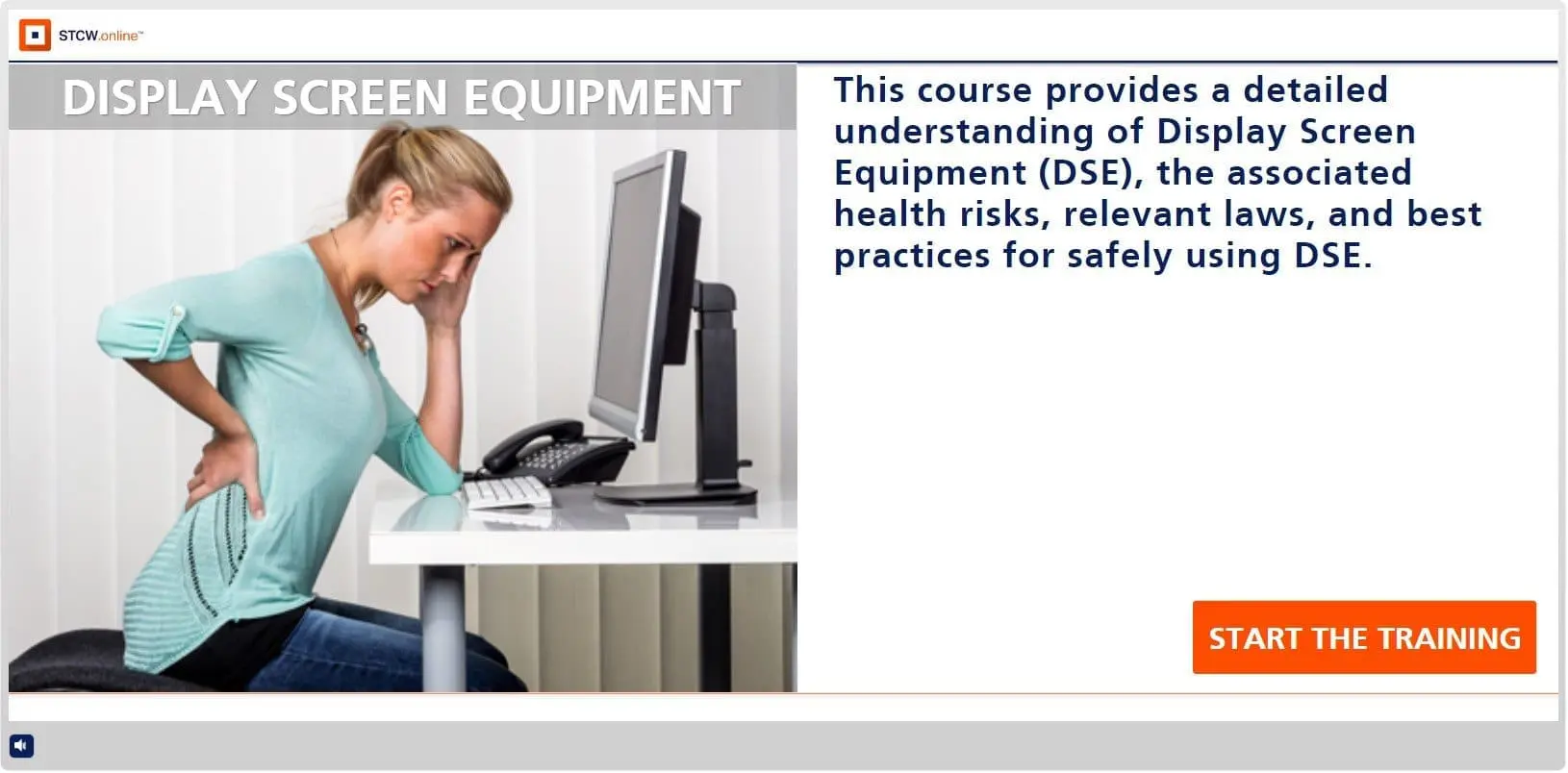 Woman experiencing back pain at computer workstation, illustrating DSE health risks and ergonomic concerns in maritime office environments