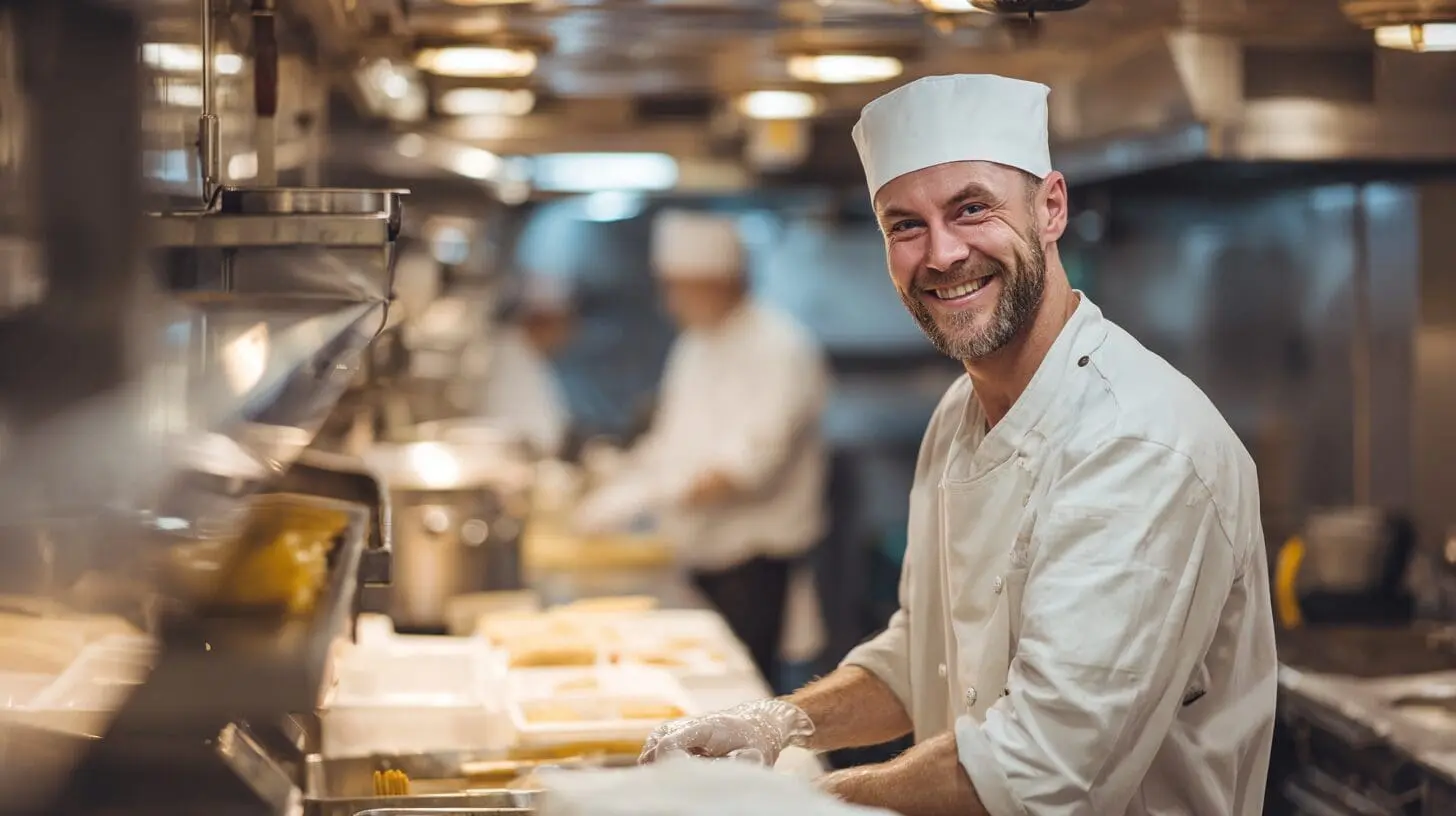 Smiling professional chef in white uniform and hat working in modern ship galley kitchen, demonstrating food safety and hygiene practices for maritime food preparation