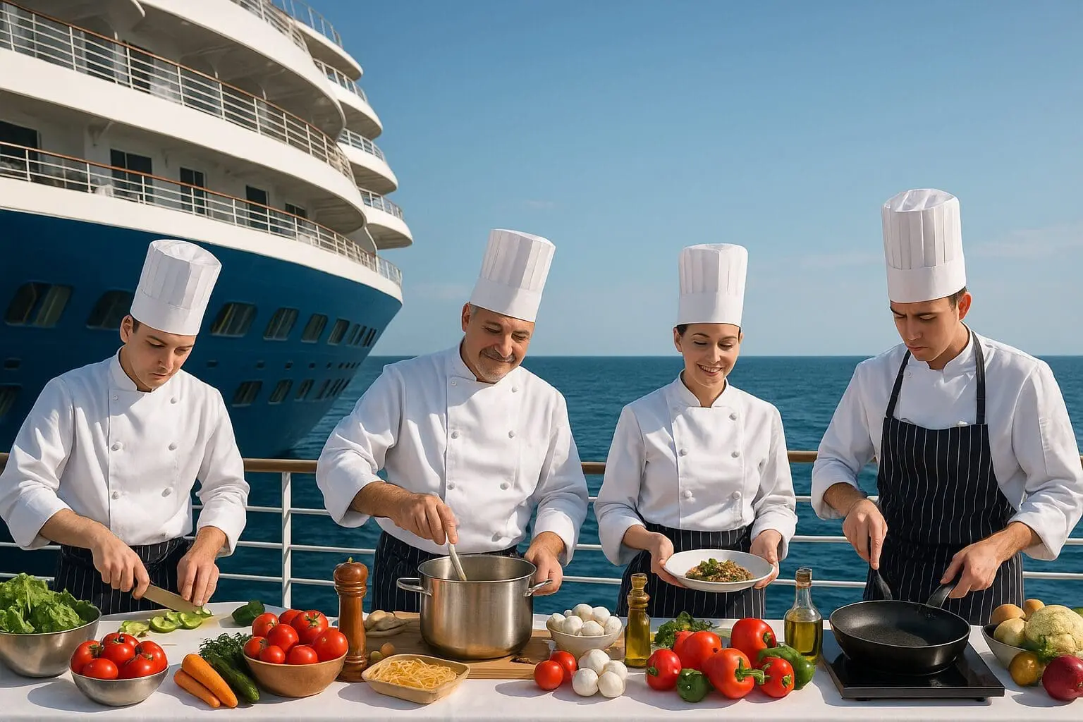 Four chefs in white uniforms and chef hats preparing fresh ingredients on a cruise ship deck overlooking the ocean, demonstrating food safety and hygiene practices for galley staff training.