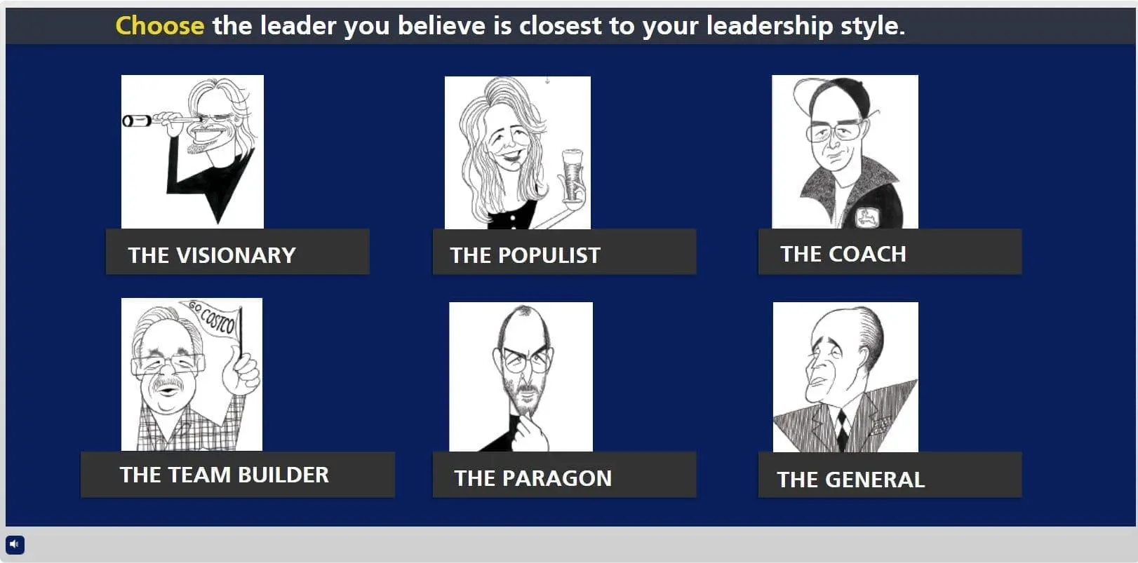Leadership styles quiz featuring six caricatured figures labeled Visionary, Populist, Coach, Team Builder, Paragon, and General for crisis management training
