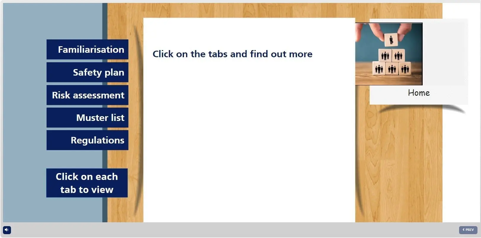 STCW online training interface showing tabbed navigation menu with options for Familiarisation, Safety Plan, Risk Assessment, Muster List, and Regulations for Crisis Management and Human Behavior course